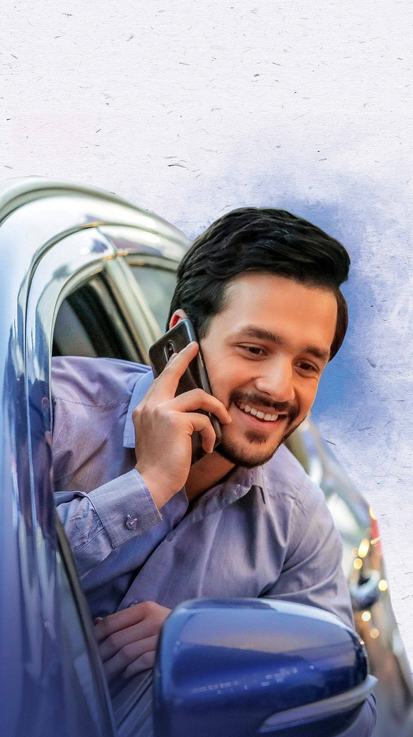 Akhil Akkineni, blue shirt, shiny blue car, 2K Phone Wallpaper