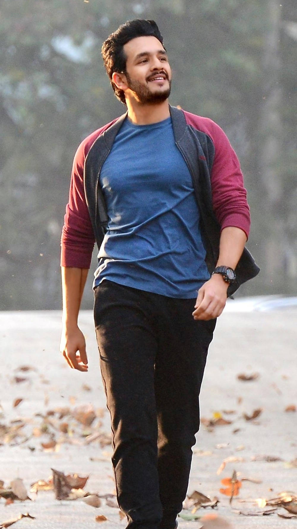 Akhil Akkineni, afternoon walk, leaf-strewn path, HD Phone Wallpaper