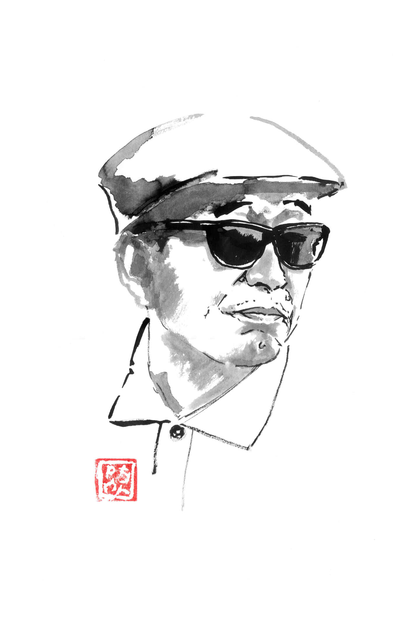 Akira Kurosawa, monochrome ink sketch, cap, Full HD Phone Wallpaper
