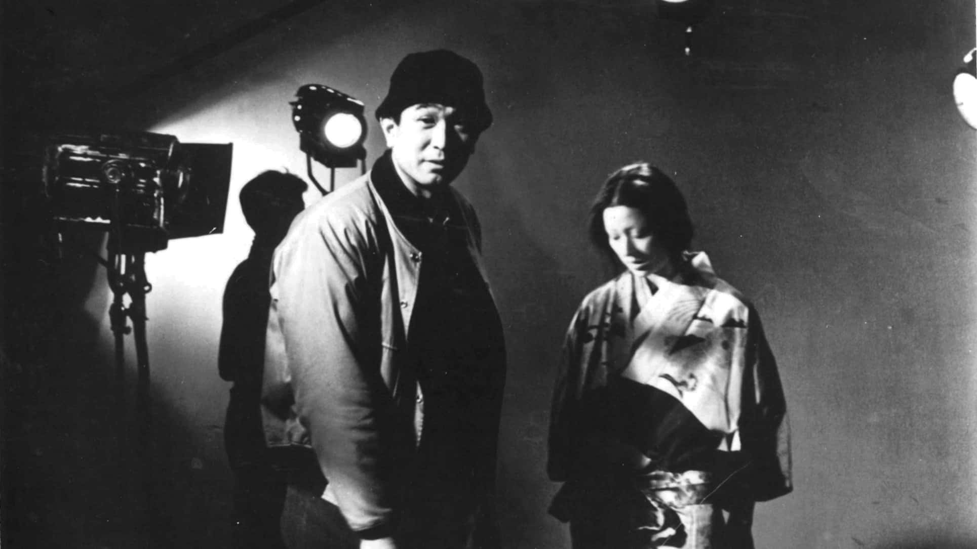 Akira Kurosawa, film set, black and white, Full HD Desktop Wallpaper