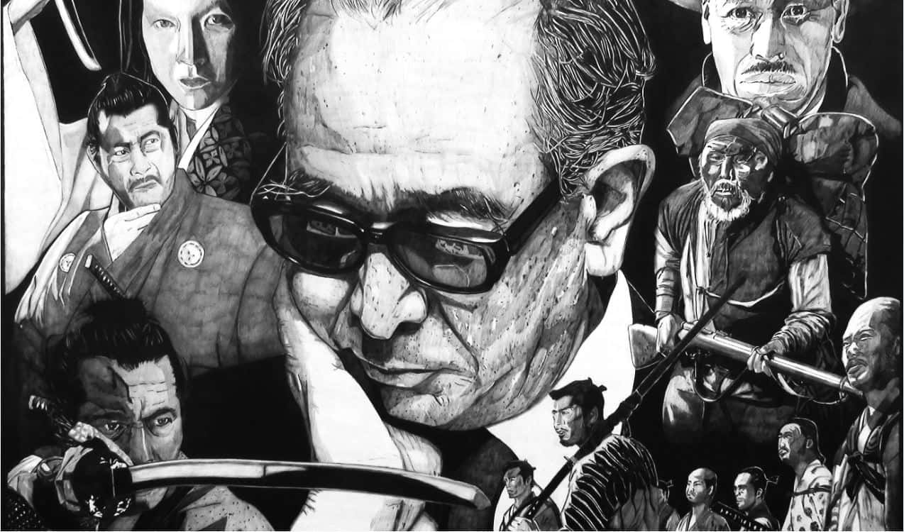Akira Kurosawa, black and white illustration, central man in sunglasses, SD Desktop Wallpaper