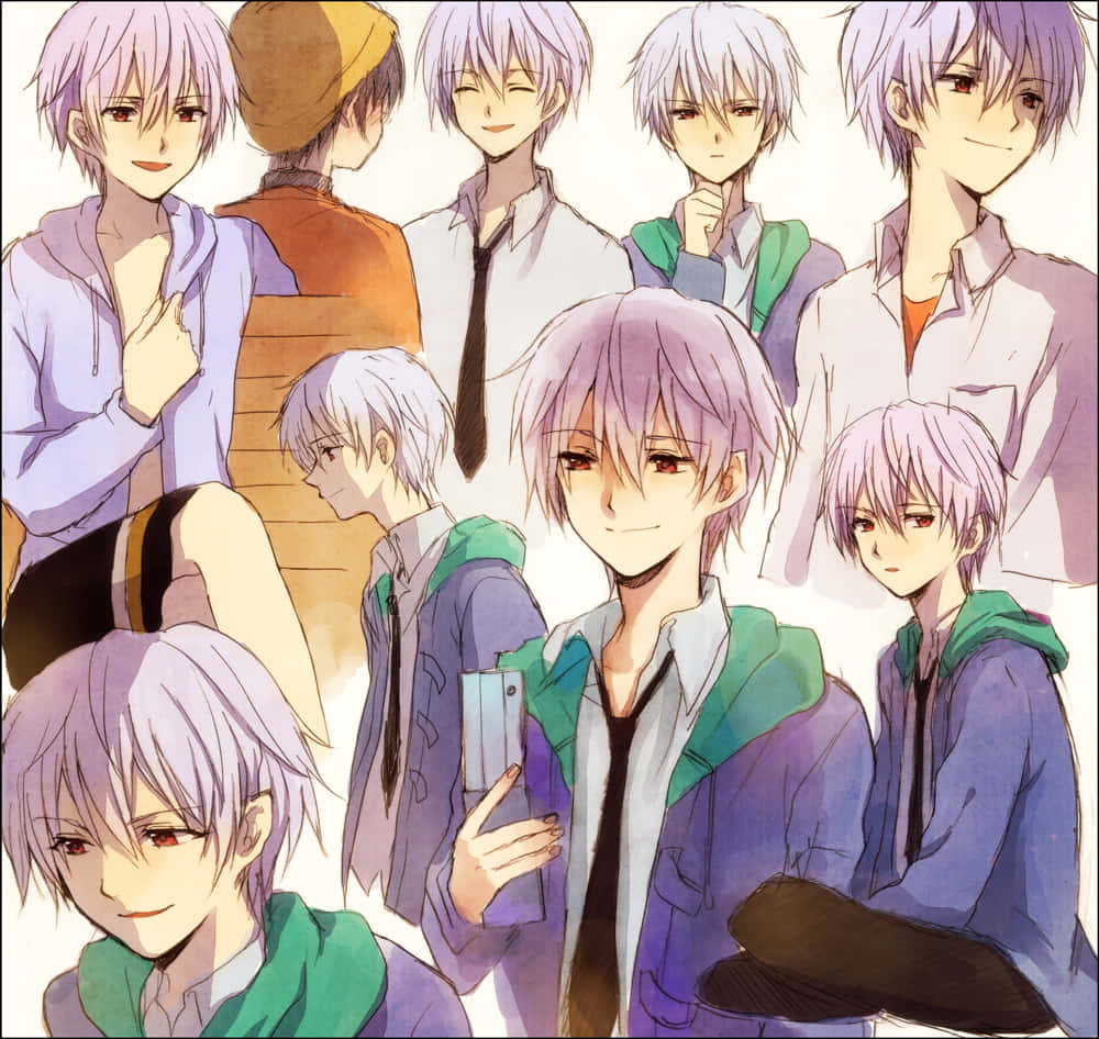 Akise Aru, anime-style male characters, lavender hair, SD Desktop Wallpaper