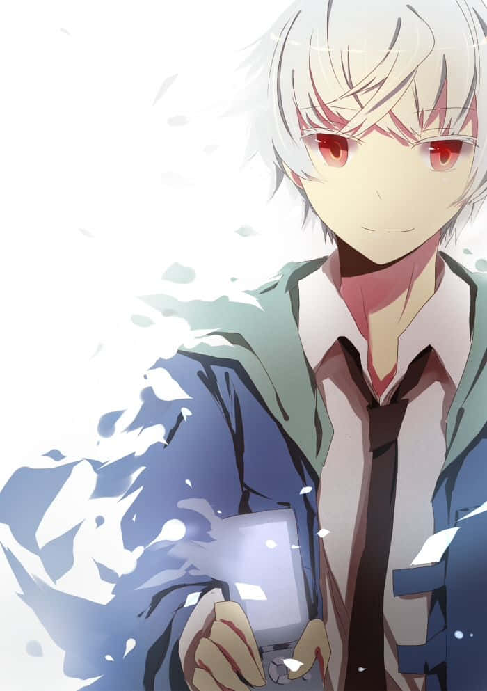 Akise Aru, white-haired anime boy, red eyes, SD Phone Wallpaper