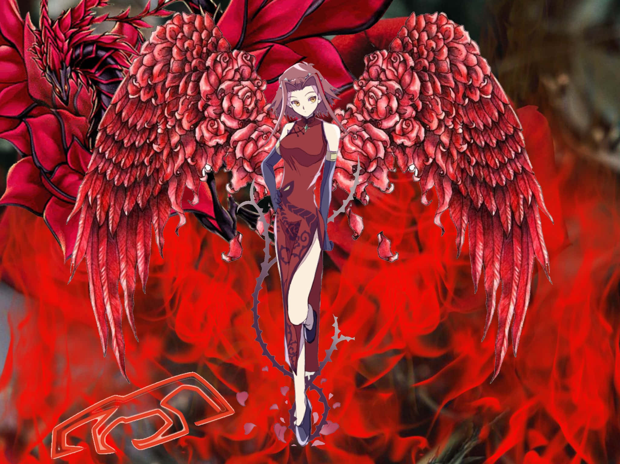 Akiza Izinski, crimson rose wings, swirling red flames, Full HD Desktop Wallpaper