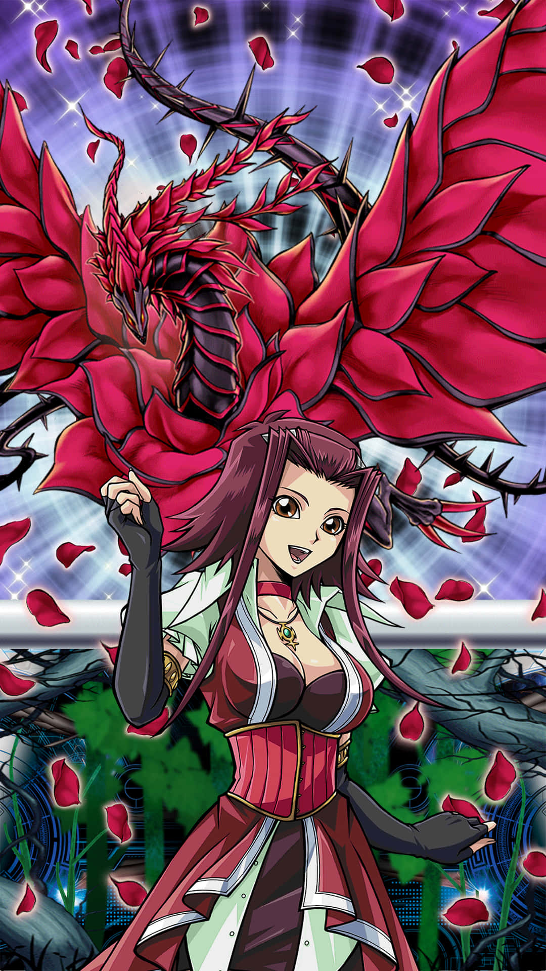 Akiza Izinski, red hair, massive red dragon made of thorns and petals, Full HD Phone Wallpaper