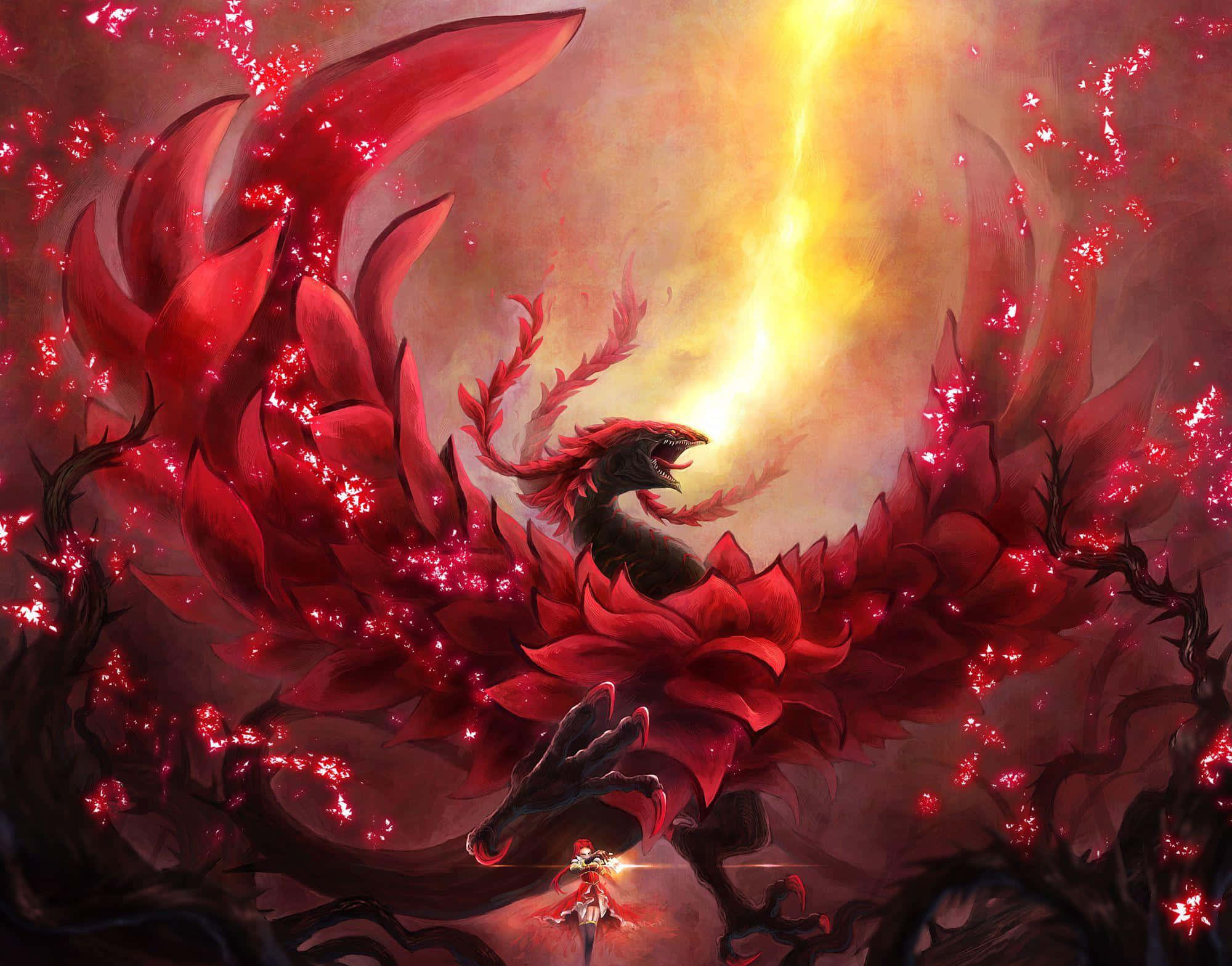 Akiza Izinski, red dragon, glowing petals, Full HD Desktop Wallpaper