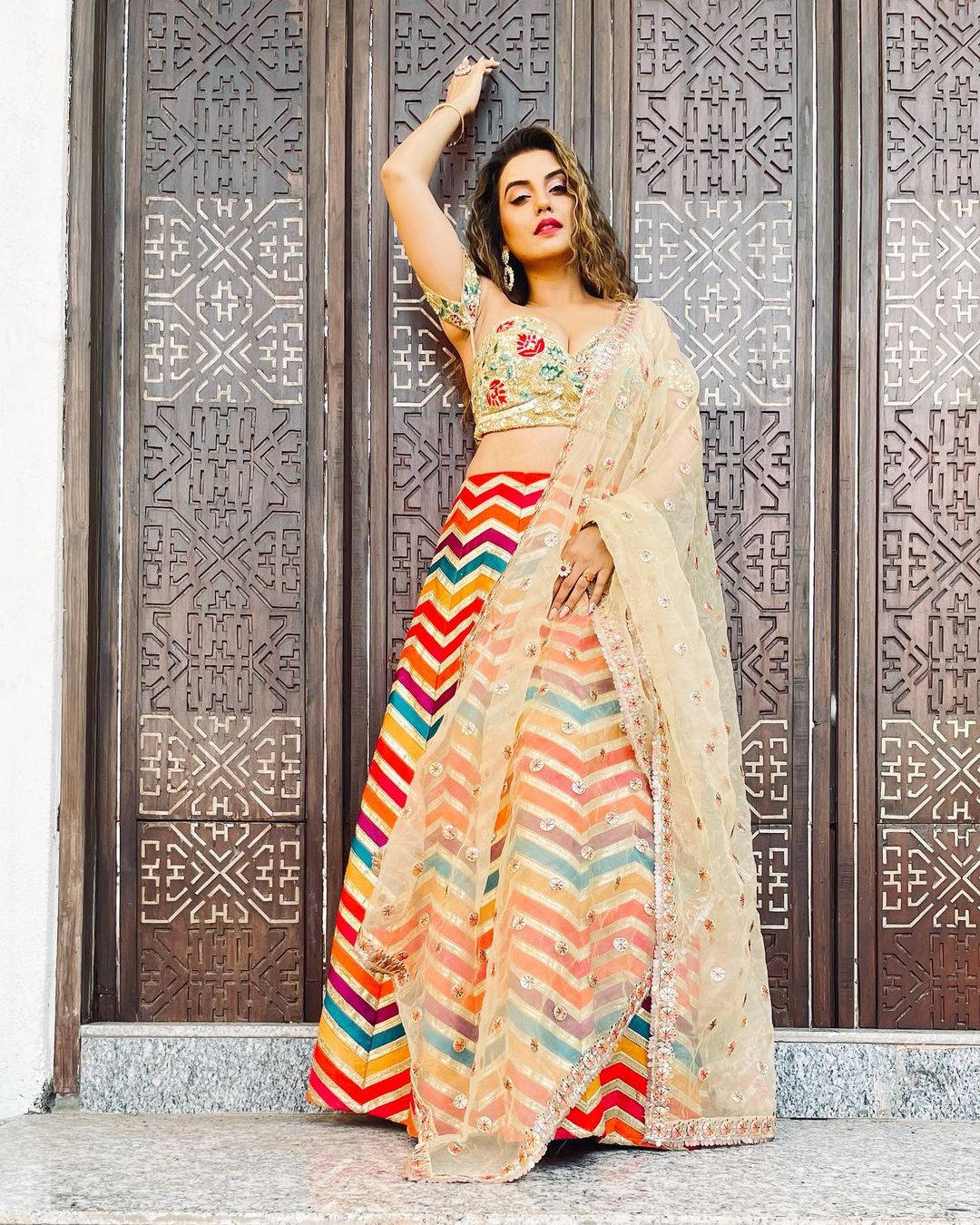 Akshara Singh, vibrant rainbow chevron lehenga, floral crop top, HD Phone Wallpaper