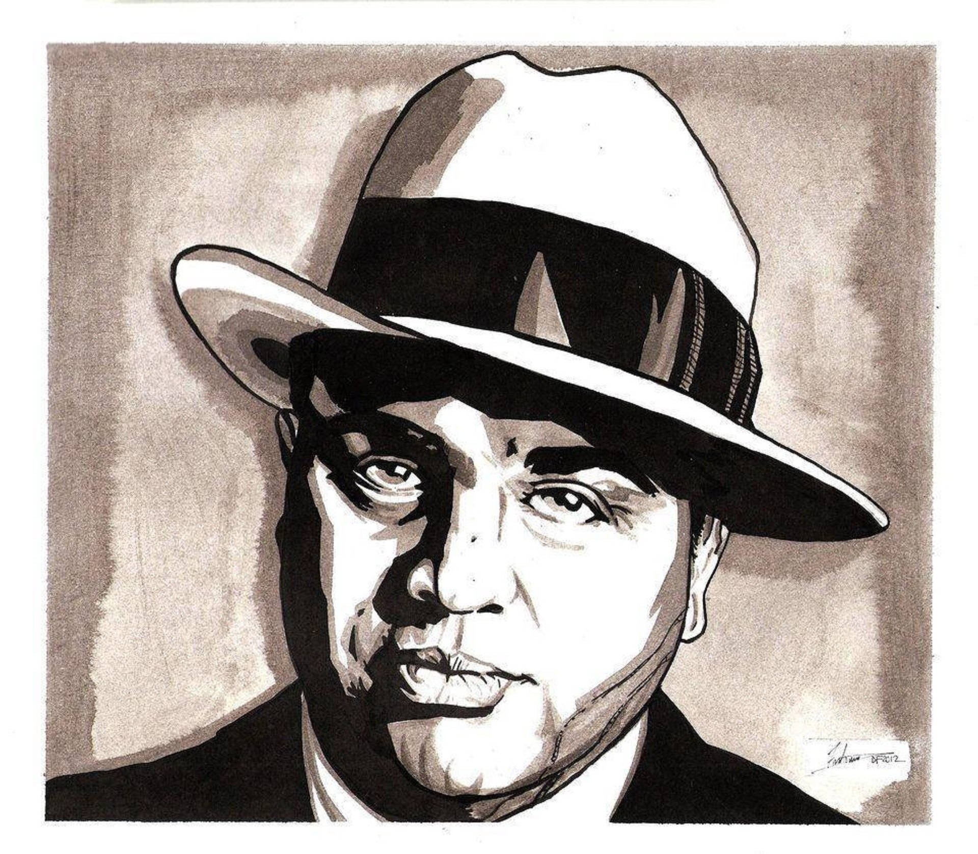Al Capone, fedora, black and white illustration, Full HD Desktop Wallpaper