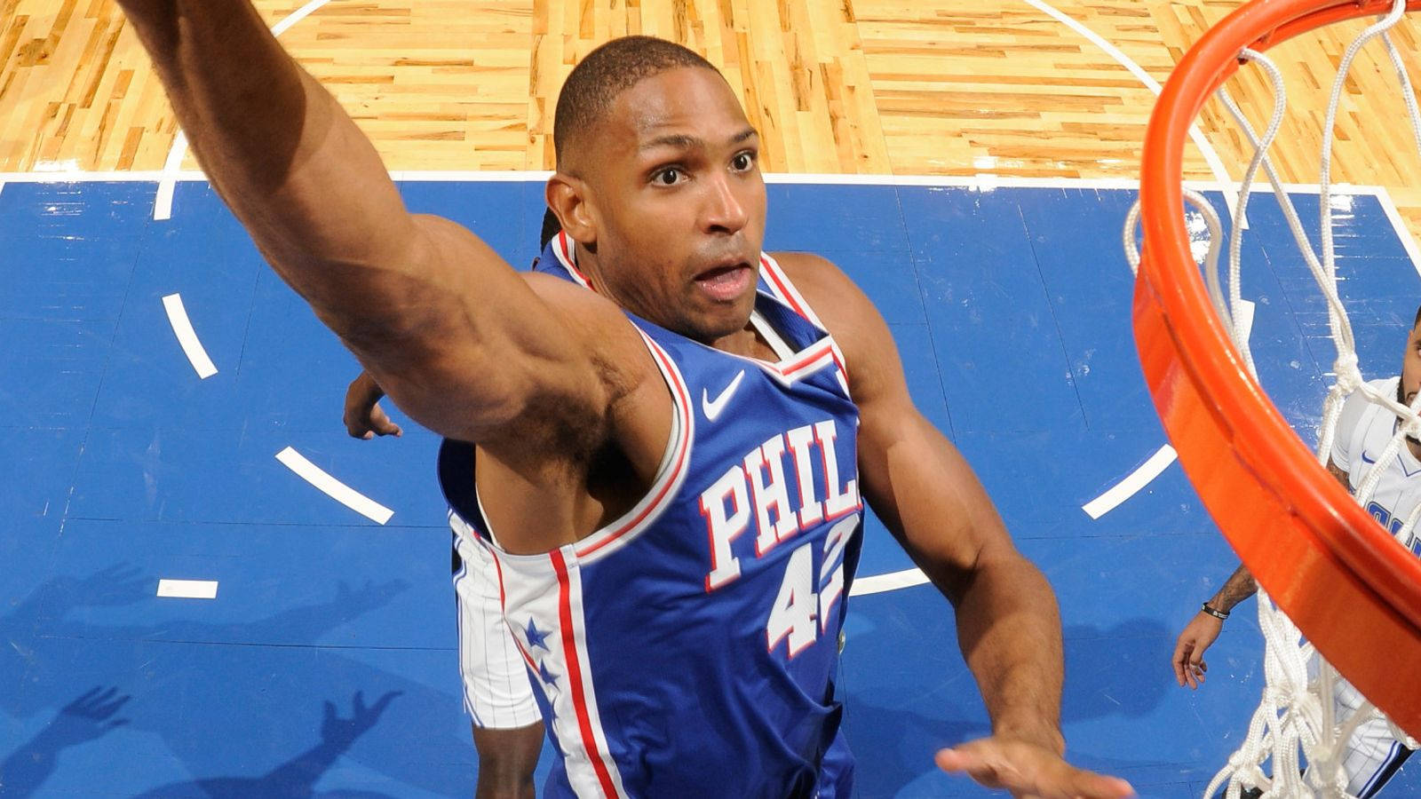 Al Horford, drastic slam dunk move, blue jersey, HD Desktop Wallpaper