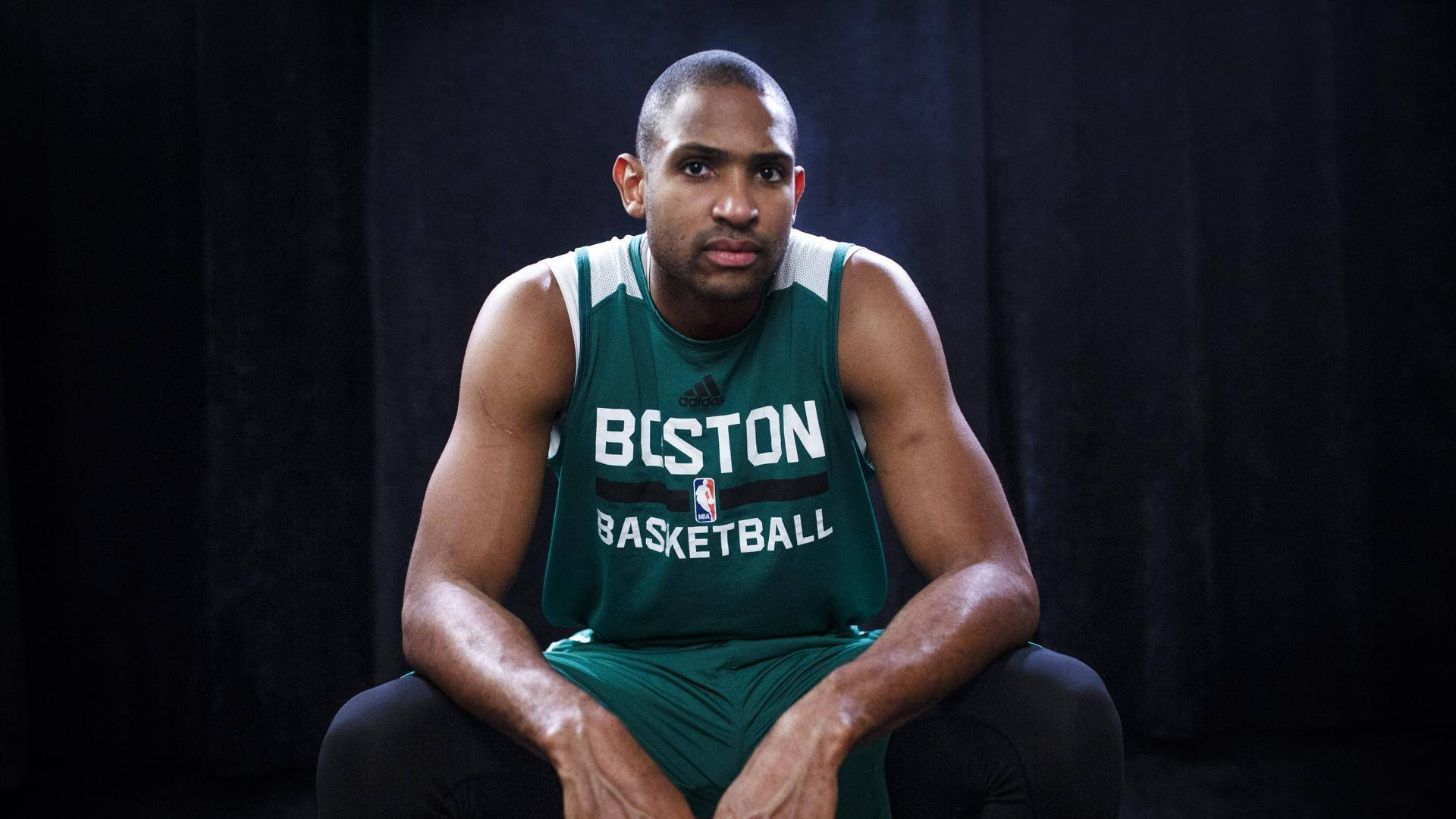 Al Horford, green Boston jersey, dark backdrop, Full HD Desktop Wallpaper