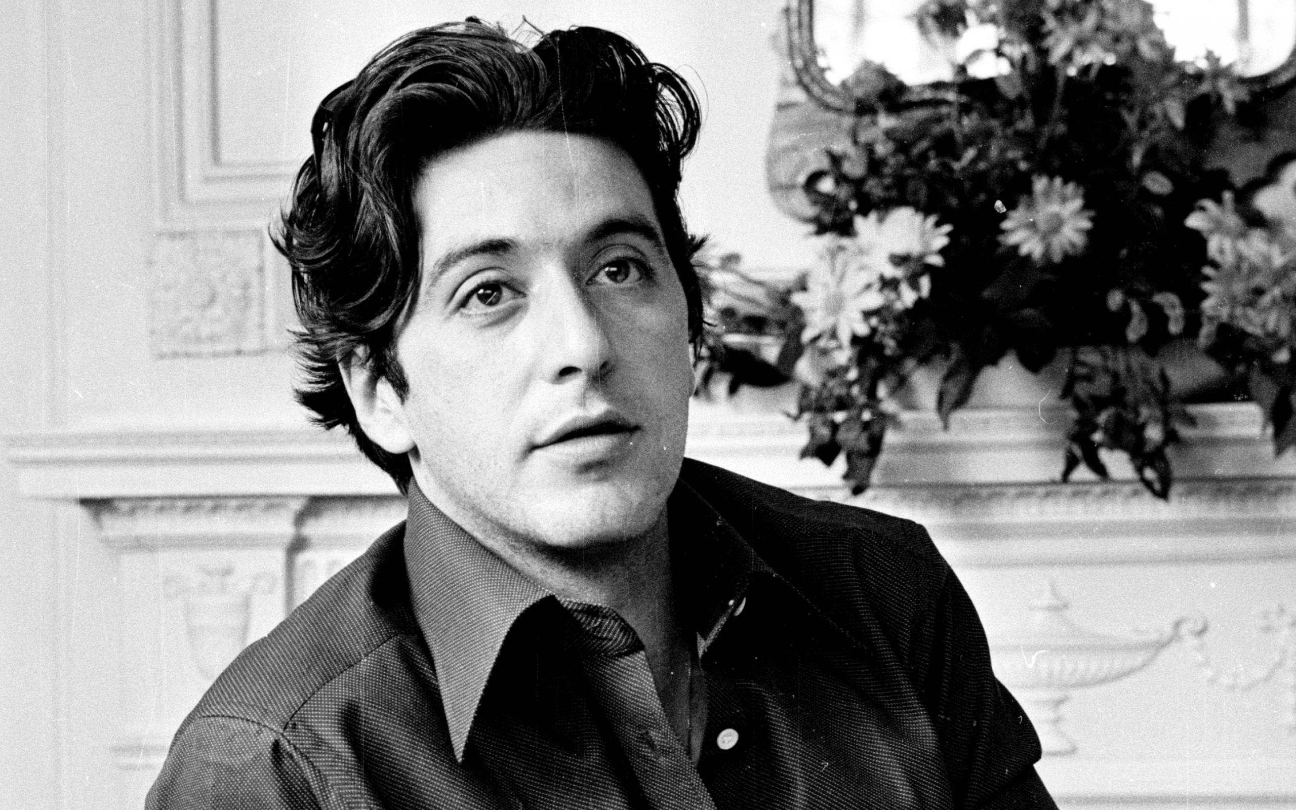 Al Pacino, black and white portrait, dark wavy hair, 2K Desktop Wallpaper