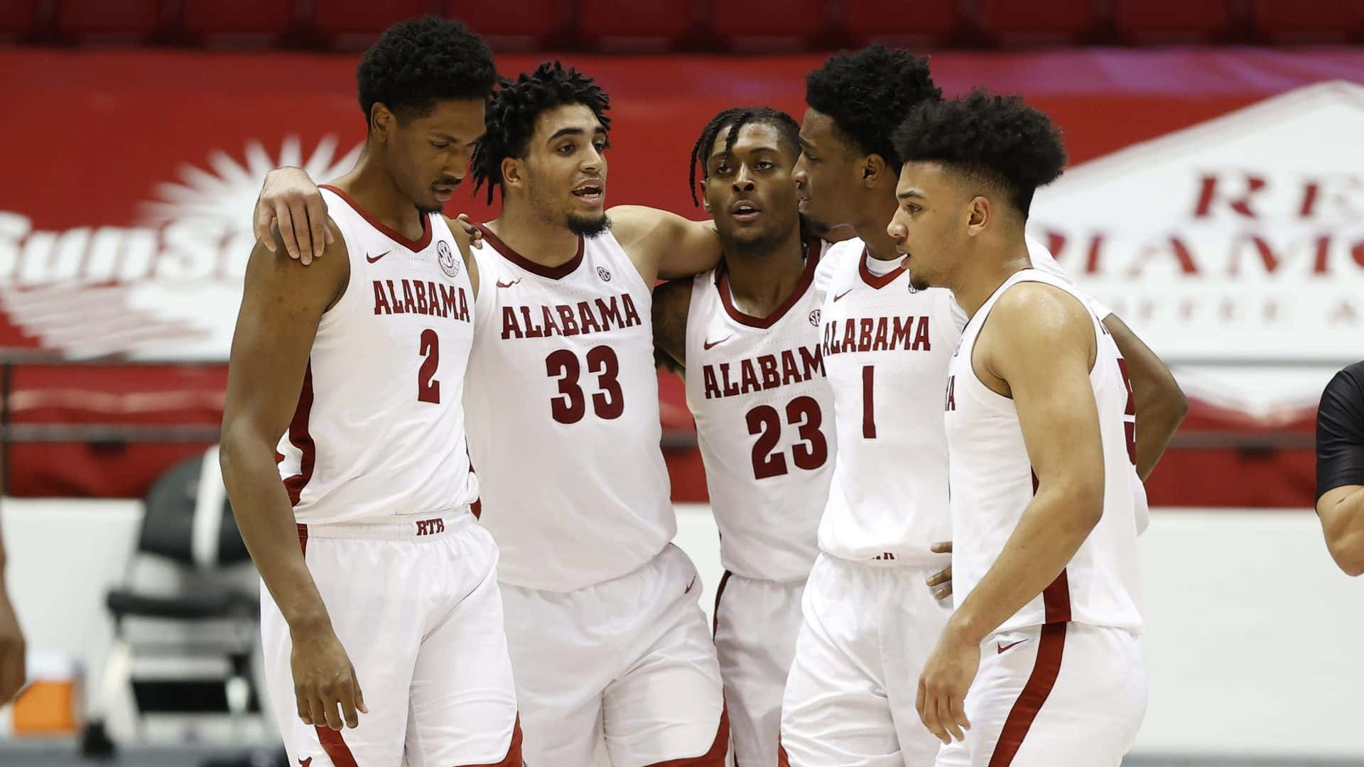 Alabama Basketball, white uniforms, red bleachers, Full HD Desktop Wallpaper