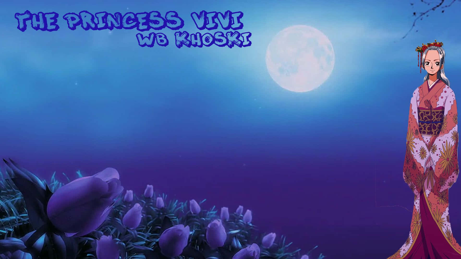 Alabasta, full moon, purple tulips, Full HD Desktop Wallpaper