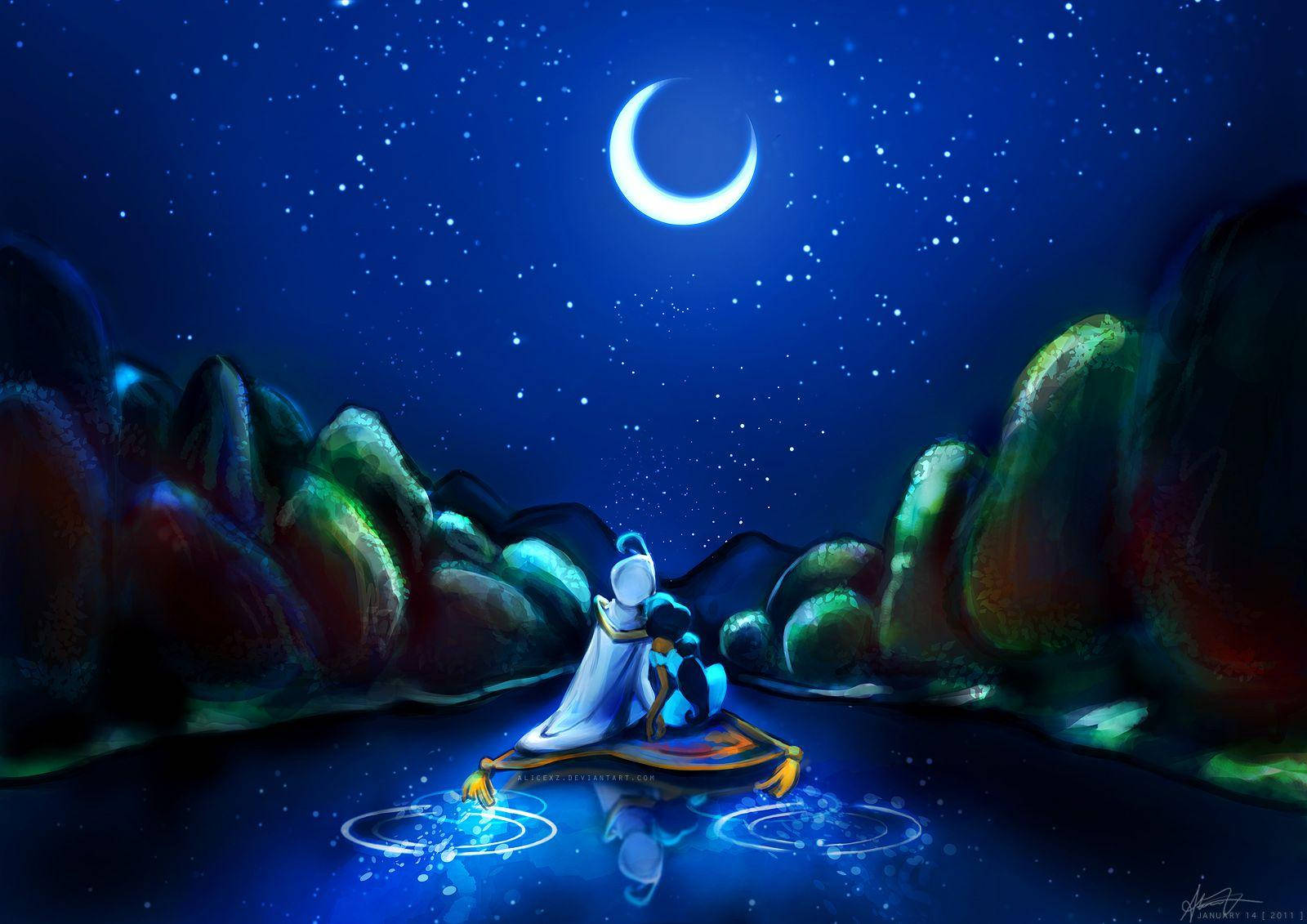 Aladdin, magic carpet, crescent moon, HD Desktop Wallpaper