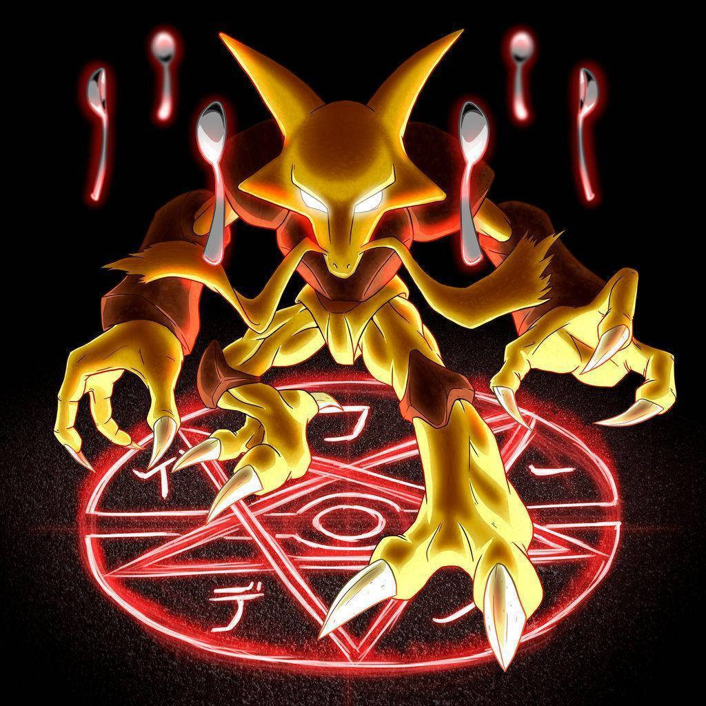 Alakazam, golden fox-like creature, glowing white eyes, SD Desktop Wallpaper