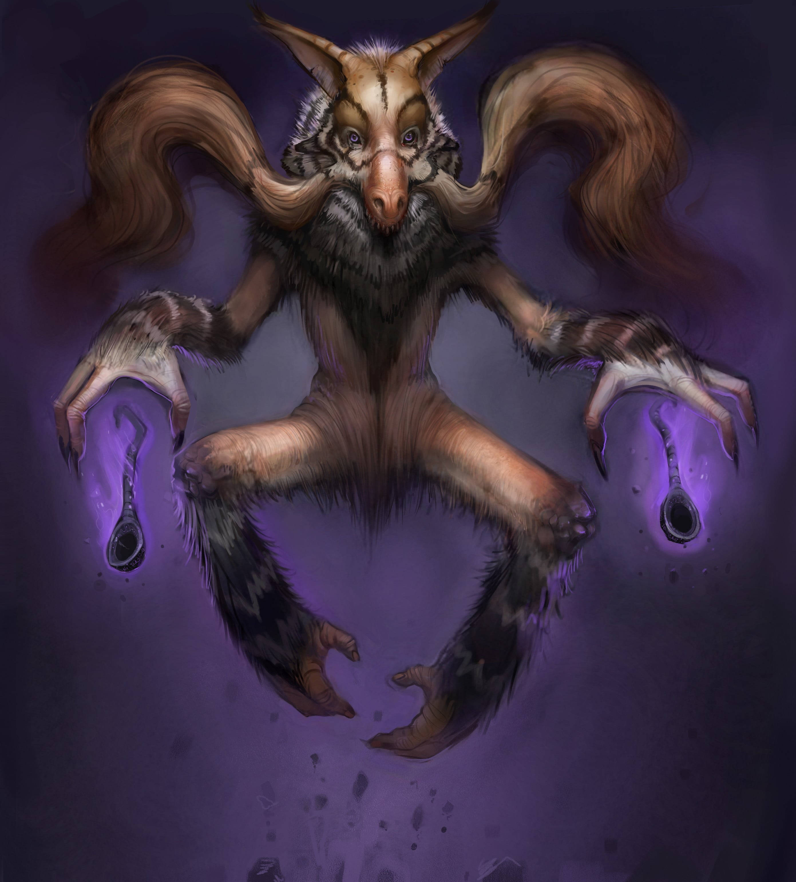 Alakazam, furry creature, long curved tails, 2K Phone Wallpaper