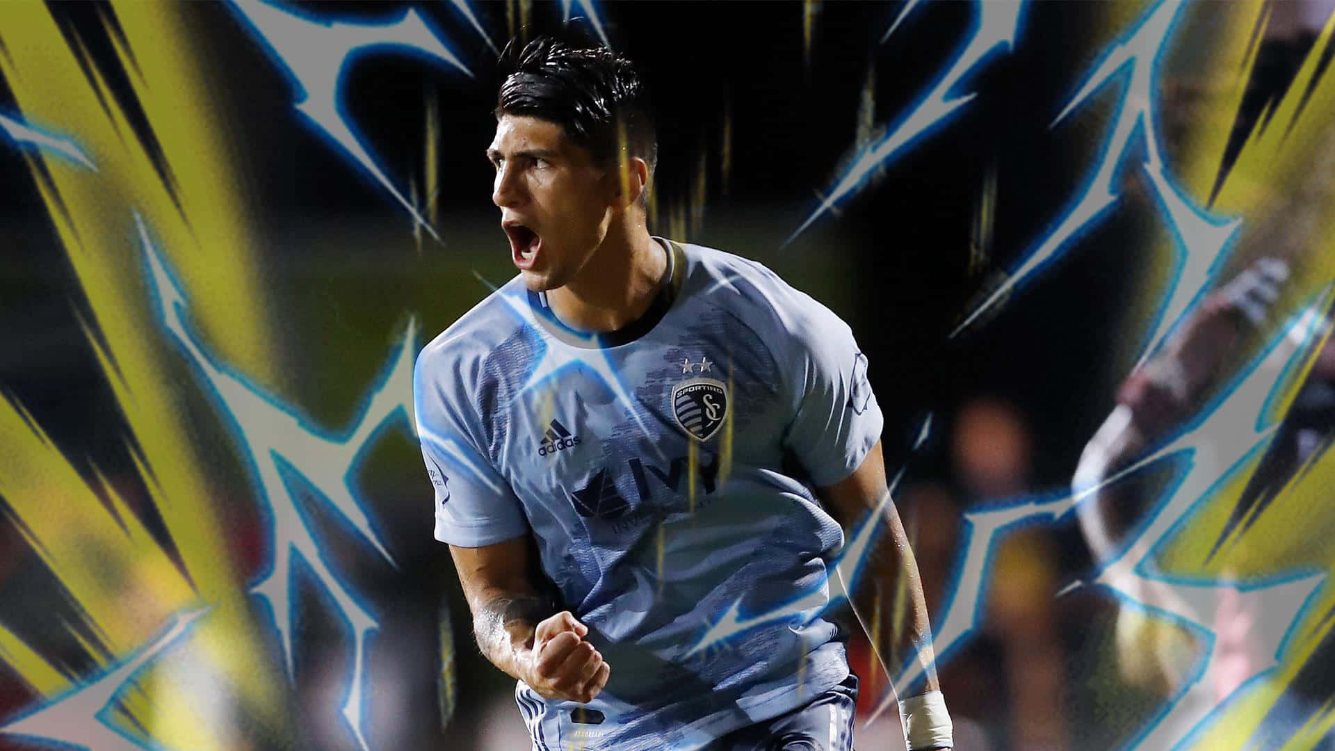 Alan Pulido, light blue jersey, yellow and blue comic-style energy burst, Full HD Desktop Wallpaper