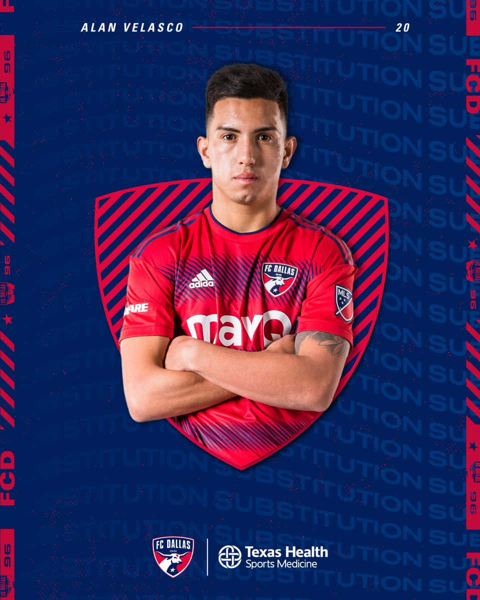 Alan Velasco, red FC Dallas jersey, blue background, SD Phone Wallpaper