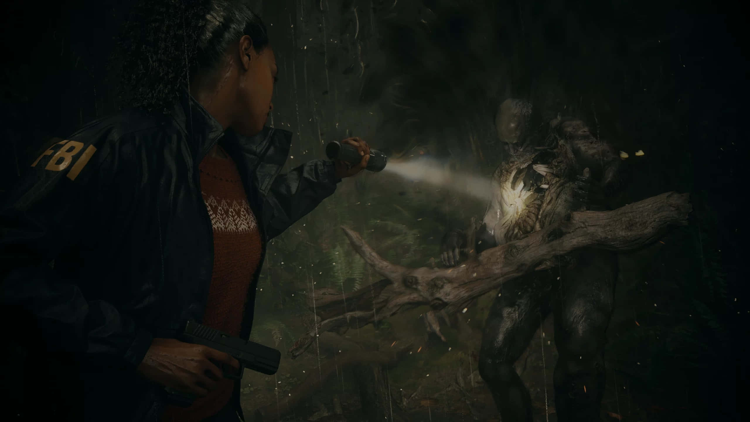 Alan Wake 2, FBI agent, rain-soaked forest, 2K Desktop Wallpaper