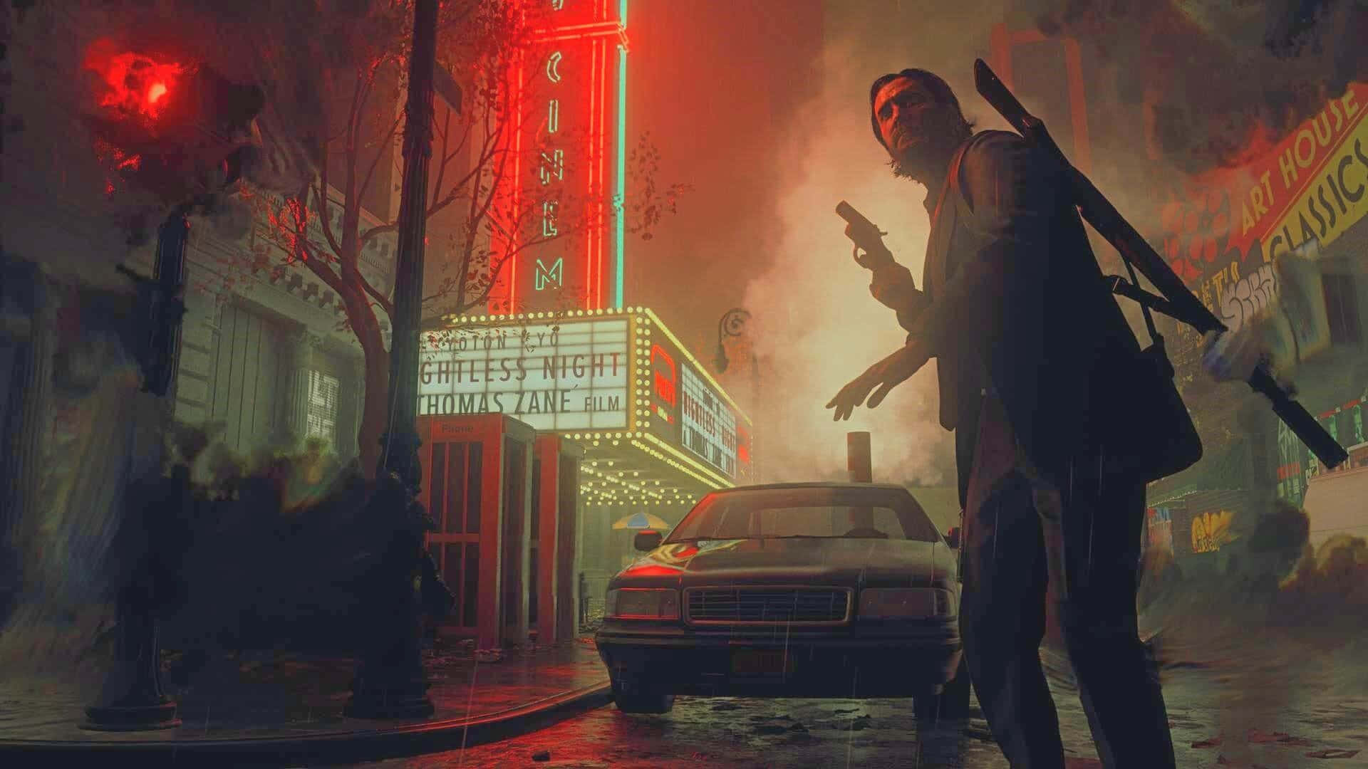 Alan Wake 2, neon signs, rain-soaked urban street, Full HD Desktop Wallpaper