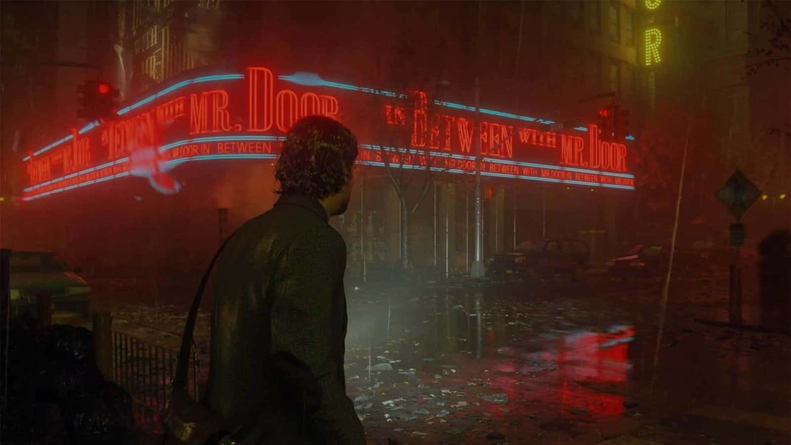 Alan Wake 2, mysterious street scene, glowing red neon signs, HD Desktop Wallpaper