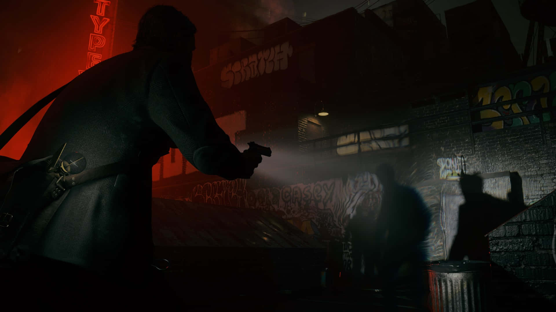 Alan Wake 2, trench coat, neon-lit alleyway, Full HD Desktop Wallpaper
