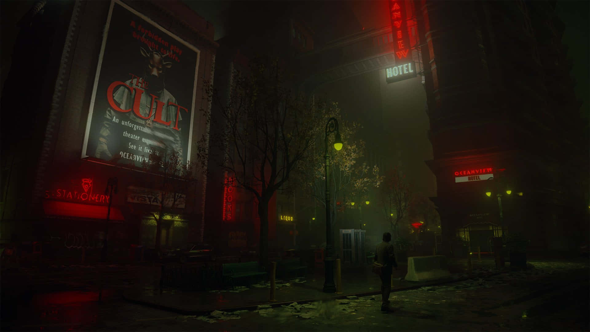 Alan Wake 2, neon-lit urban street, foggy night, Full HD Desktop Wallpaper