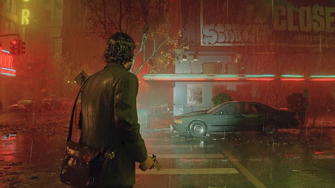 Alan Wake 2, mysterious figure, rainy street, HD Desktop Wallpaper