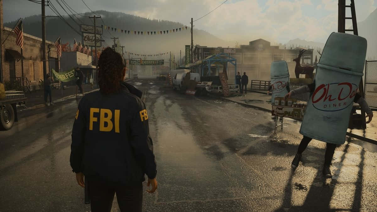 Alan Wake 2, FBI agent, rain-slicked town street, SD Desktop Wallpaper