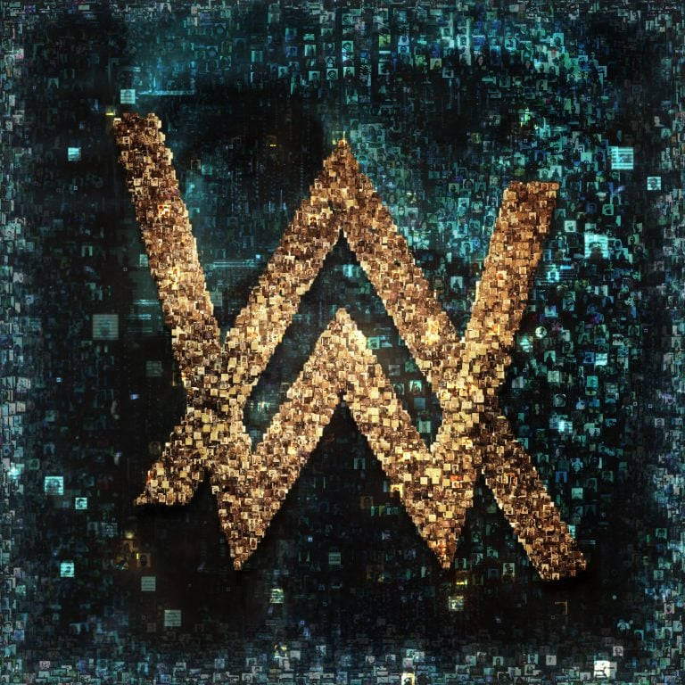 Alan Walker Logo, glowing golden 'W' symbol, pixelated squares, SD Desktop Wallpaper