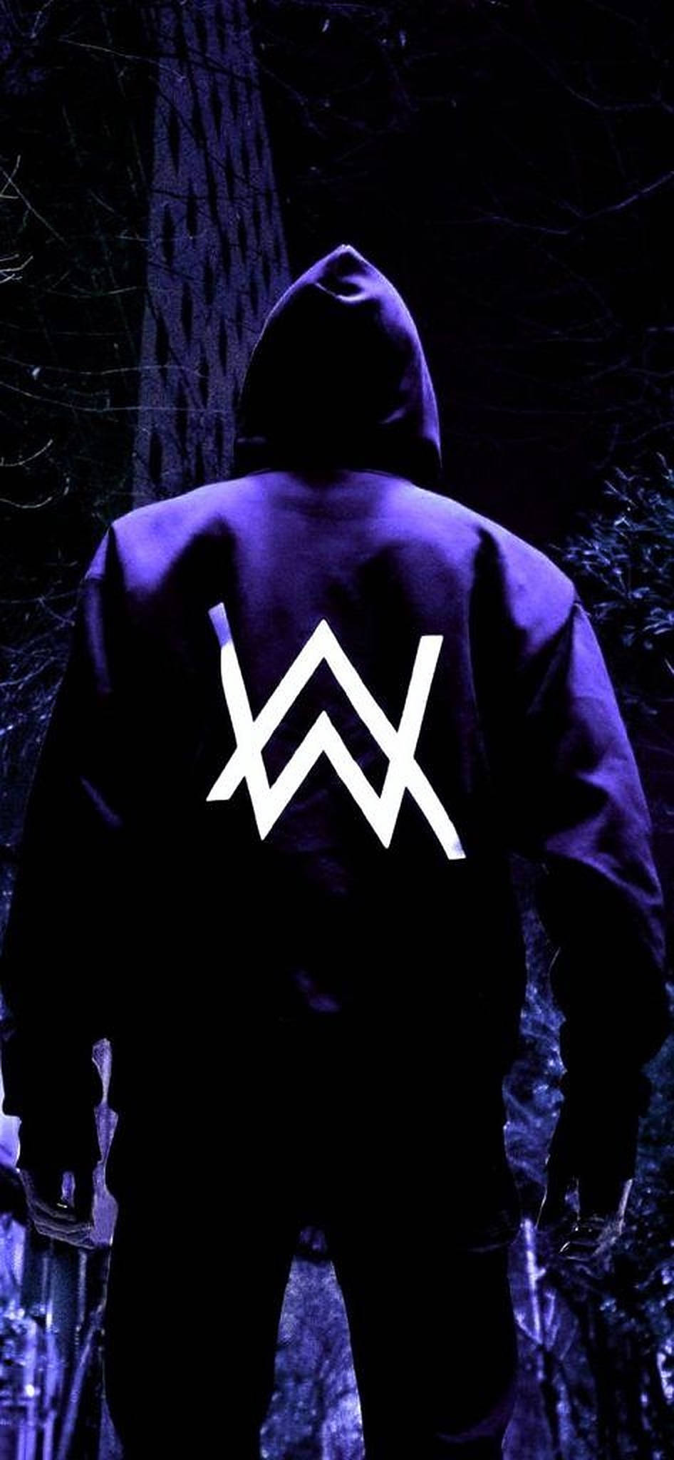 Alan Walker, purple hoodie, glowing white AW logo, Full HD Phone Wallpaper
