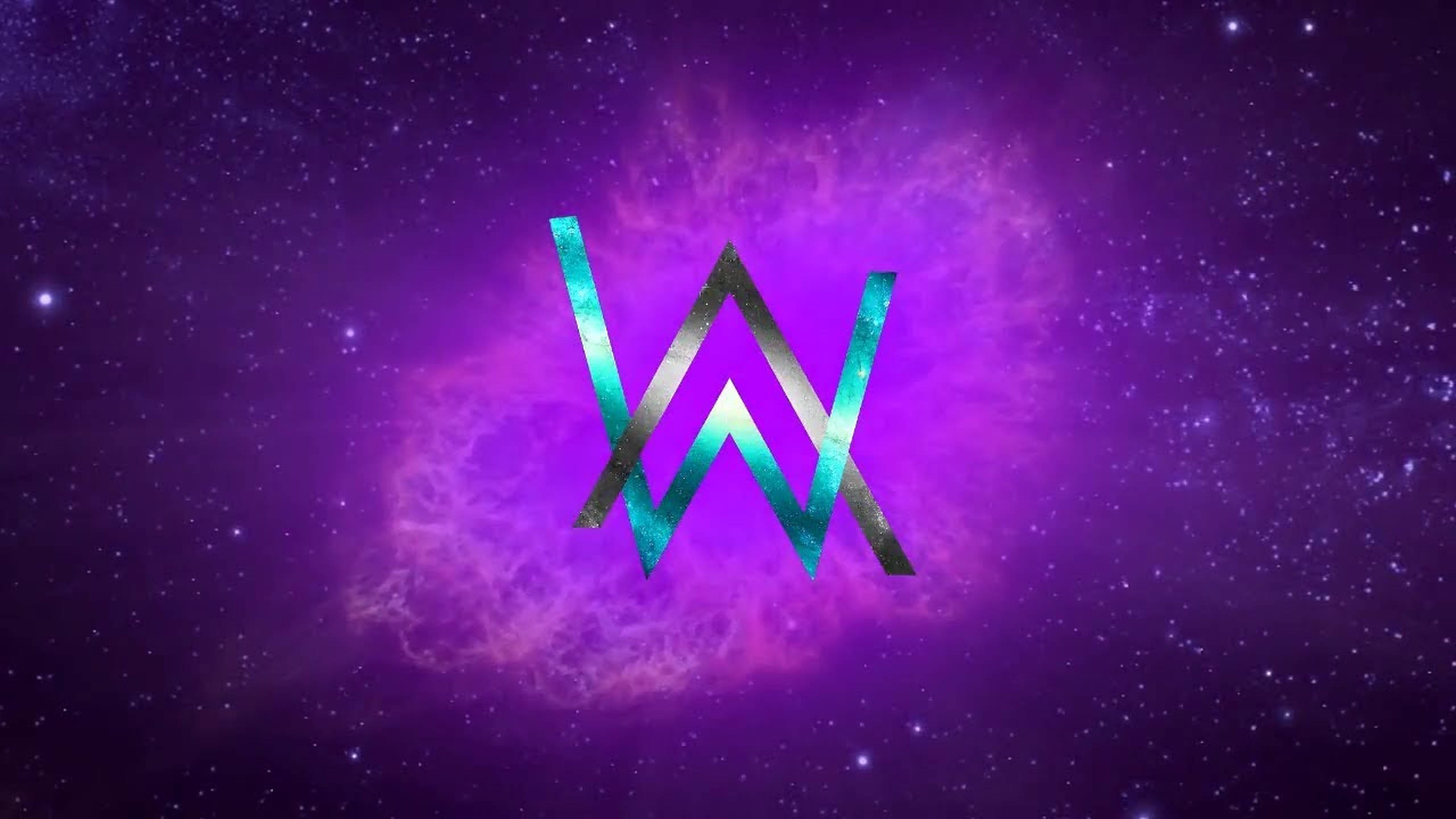 Alan Walker, purple cosmic nebula, glowing teal and silver 'W' logo, 2K Desktop Wallpaper