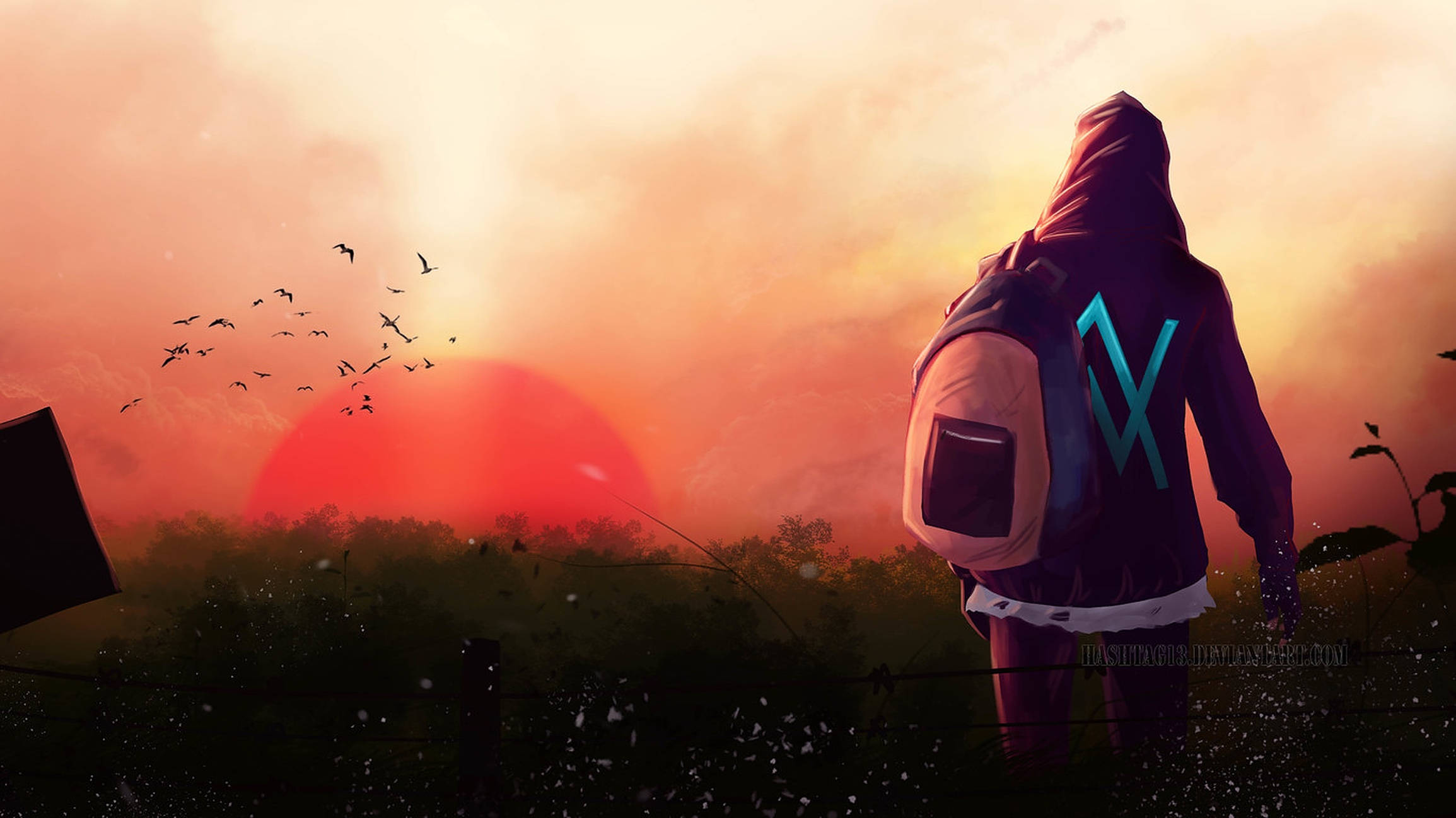 Alan Walker, glowing blue logo, hooded figure, Full HD Desktop Wallpaper