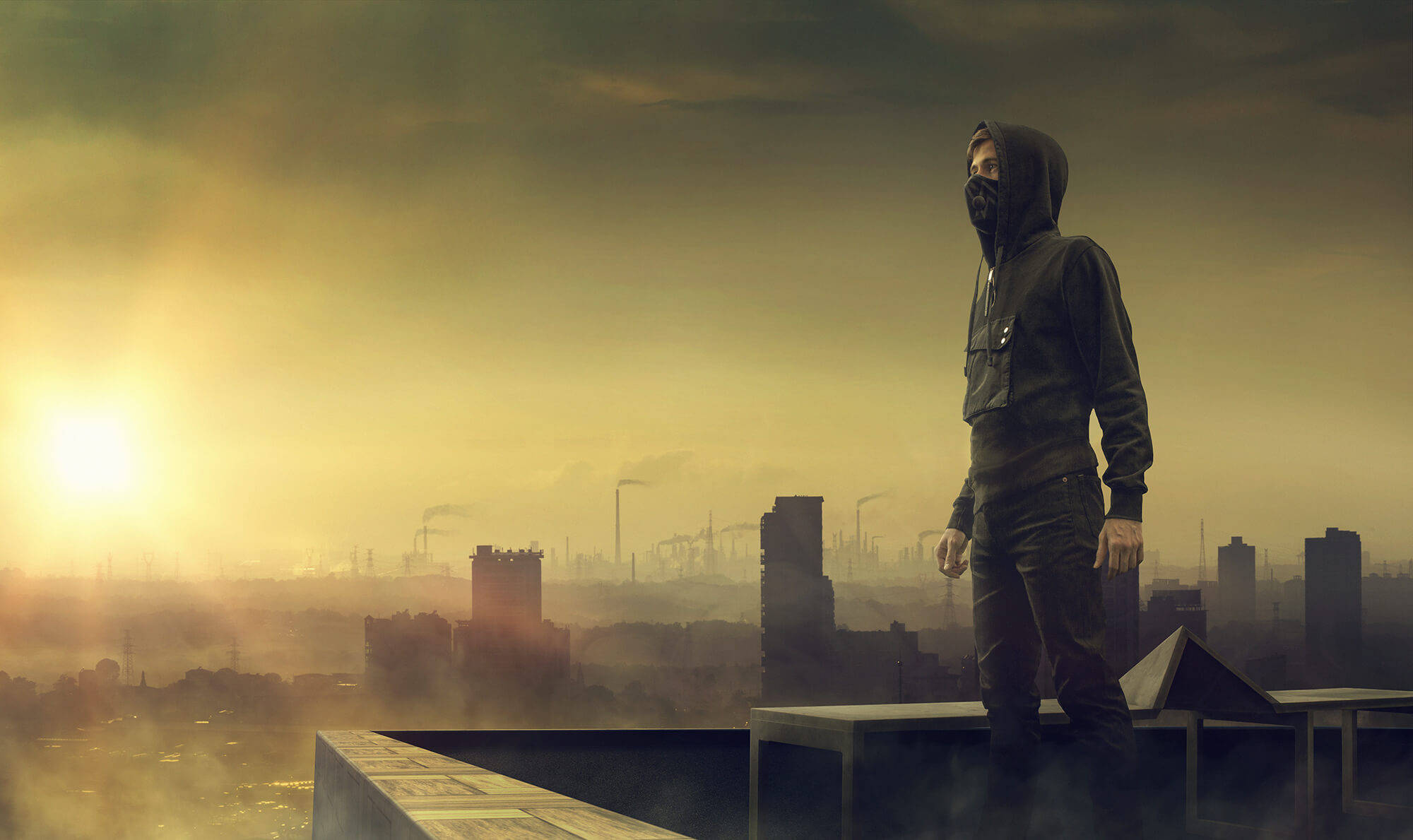 Alan Walker, rooftop, hazy industrial city, Full HD Desktop Wallpaper
