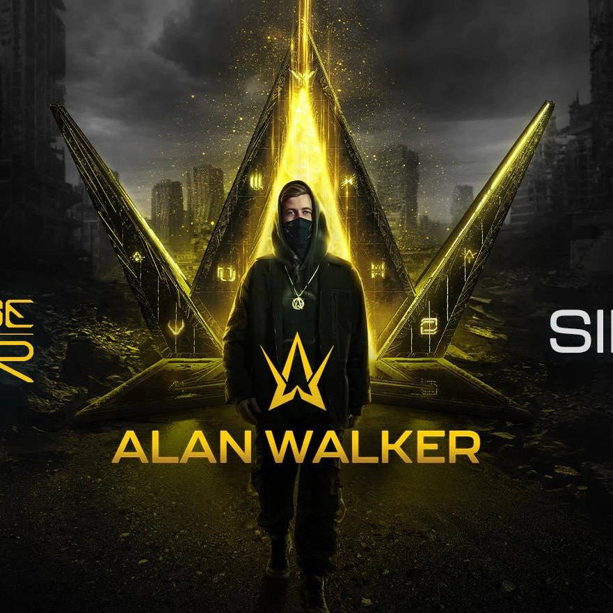 Alan Walker, yellow alan walker logo, glowing golden triangular structure, SD Desktop Wallpaper