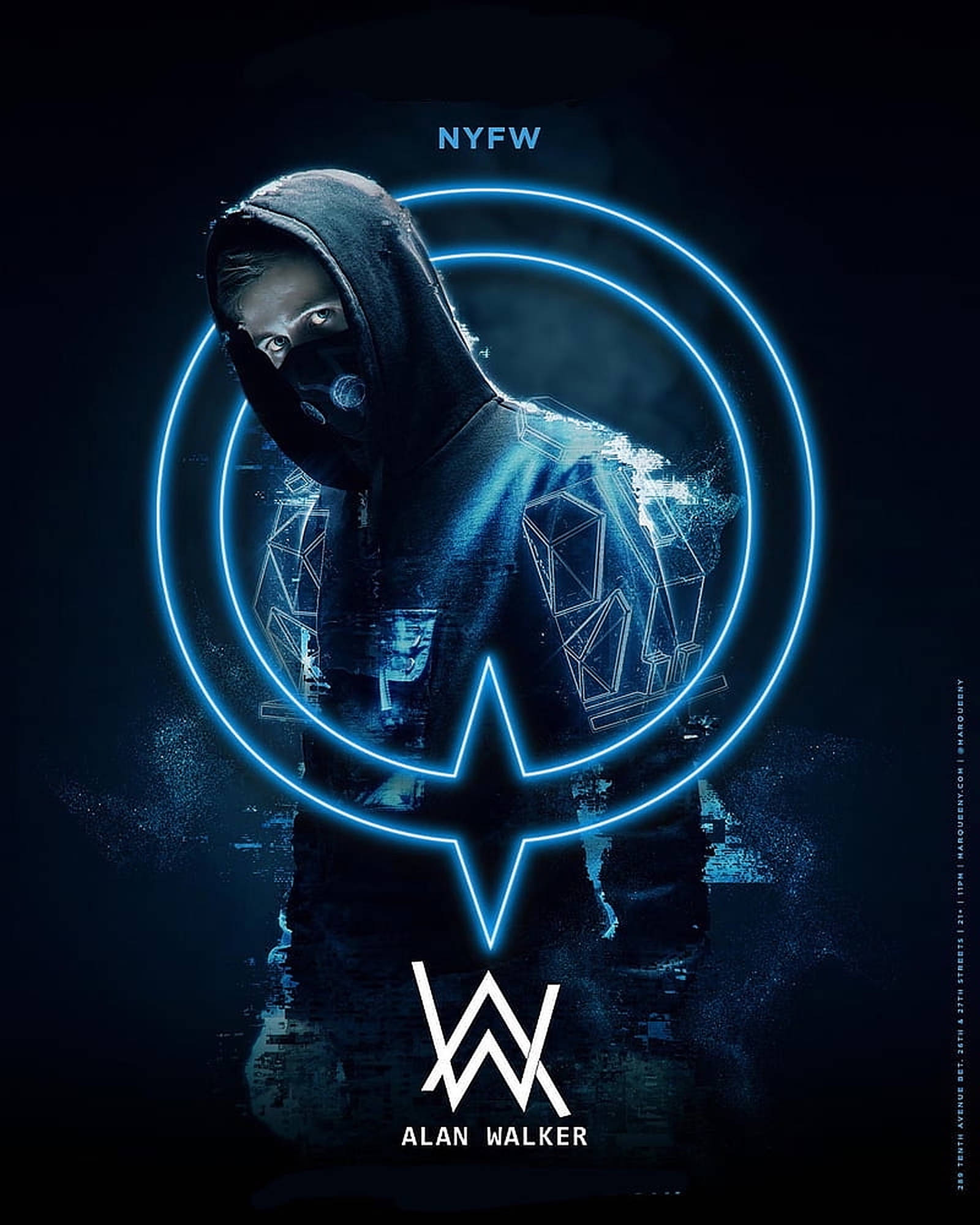 Alan Walker, hooded figure, glowing blue neon circles, Full HD Phone Wallpaper