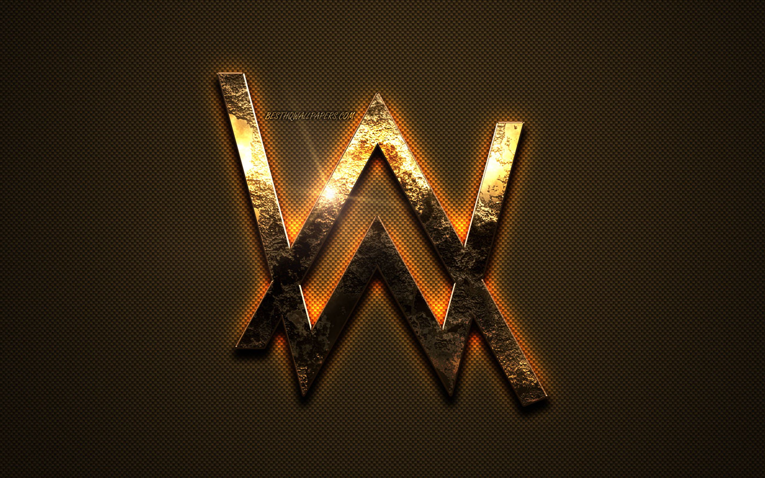 Golden Alan Walker Emblem, glowing golden 'W' logo, metallic texture, 2K Desktop Wallpaper