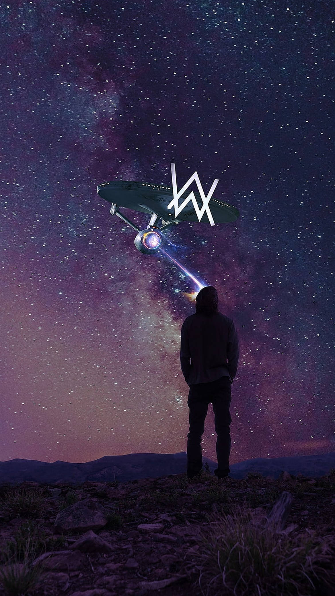 Spaceship, Alan Walker logo, rocky hill, Full HD Phone Wallpaper
