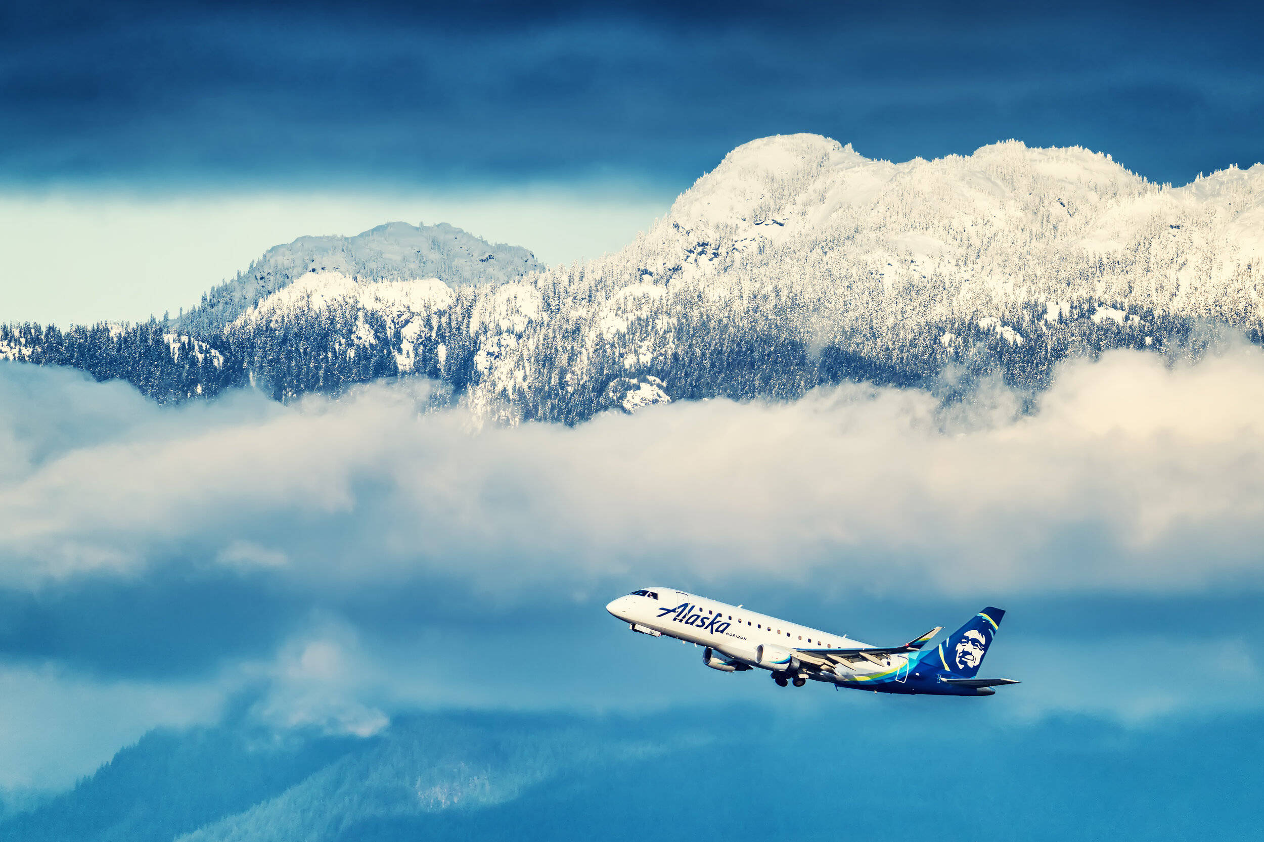 Alaska Airlines, snow-capped mountains, sea of clouds, Full HD Desktop Wallpaper