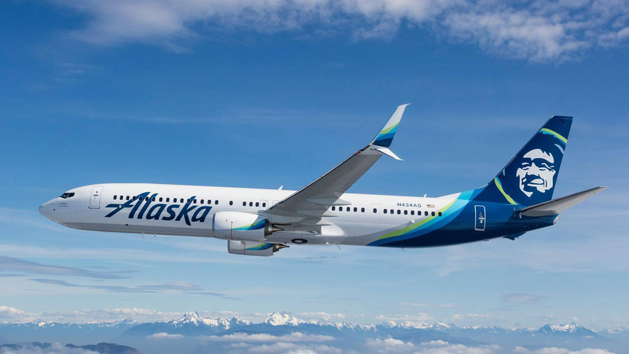 Alaska Airlines, blue skies, snow-capped mountains, Full HD Desktop Wallpaper