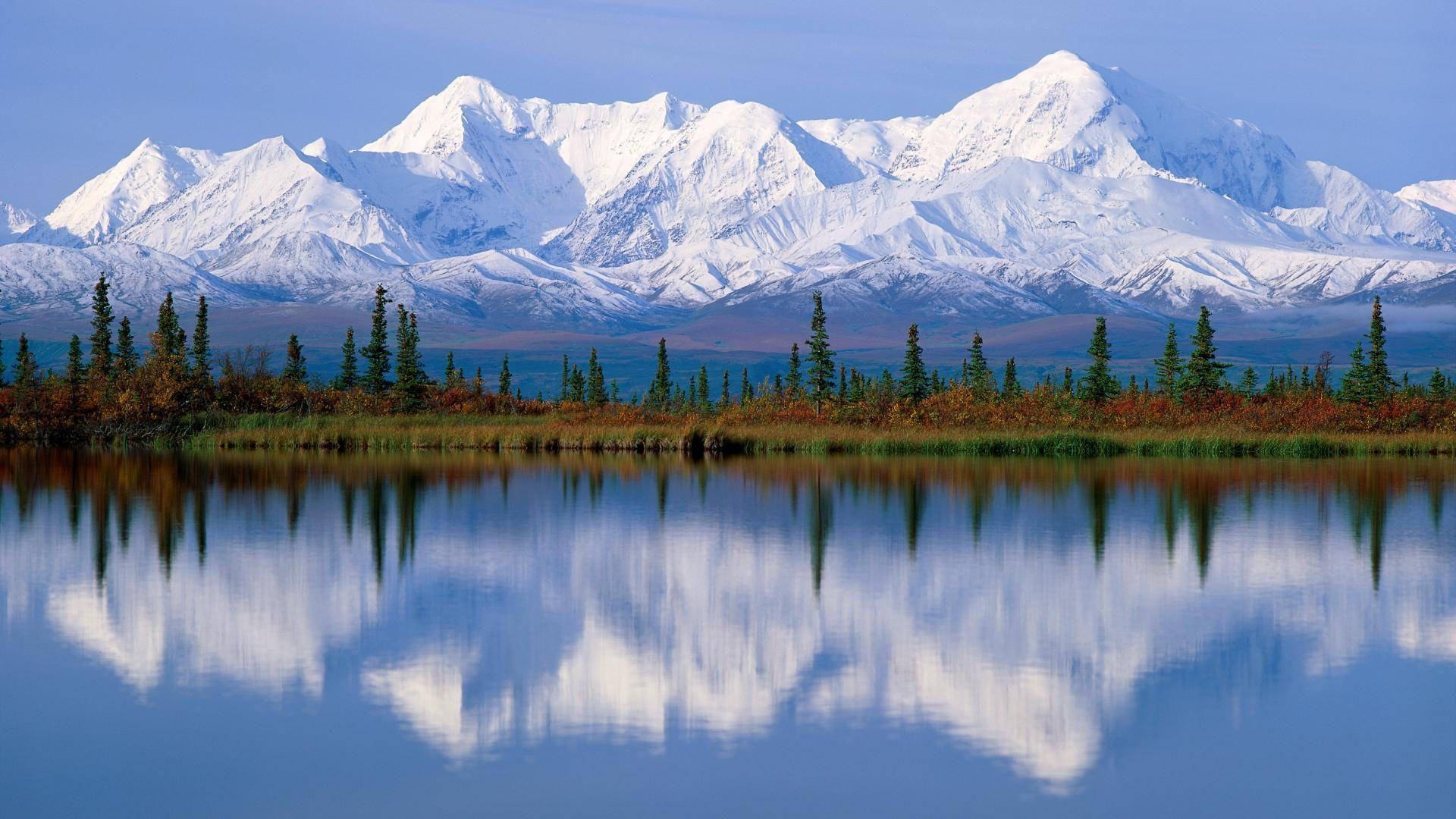 Alaska, snow-capped mountains, calm lake, Full HD Desktop Wallpaper