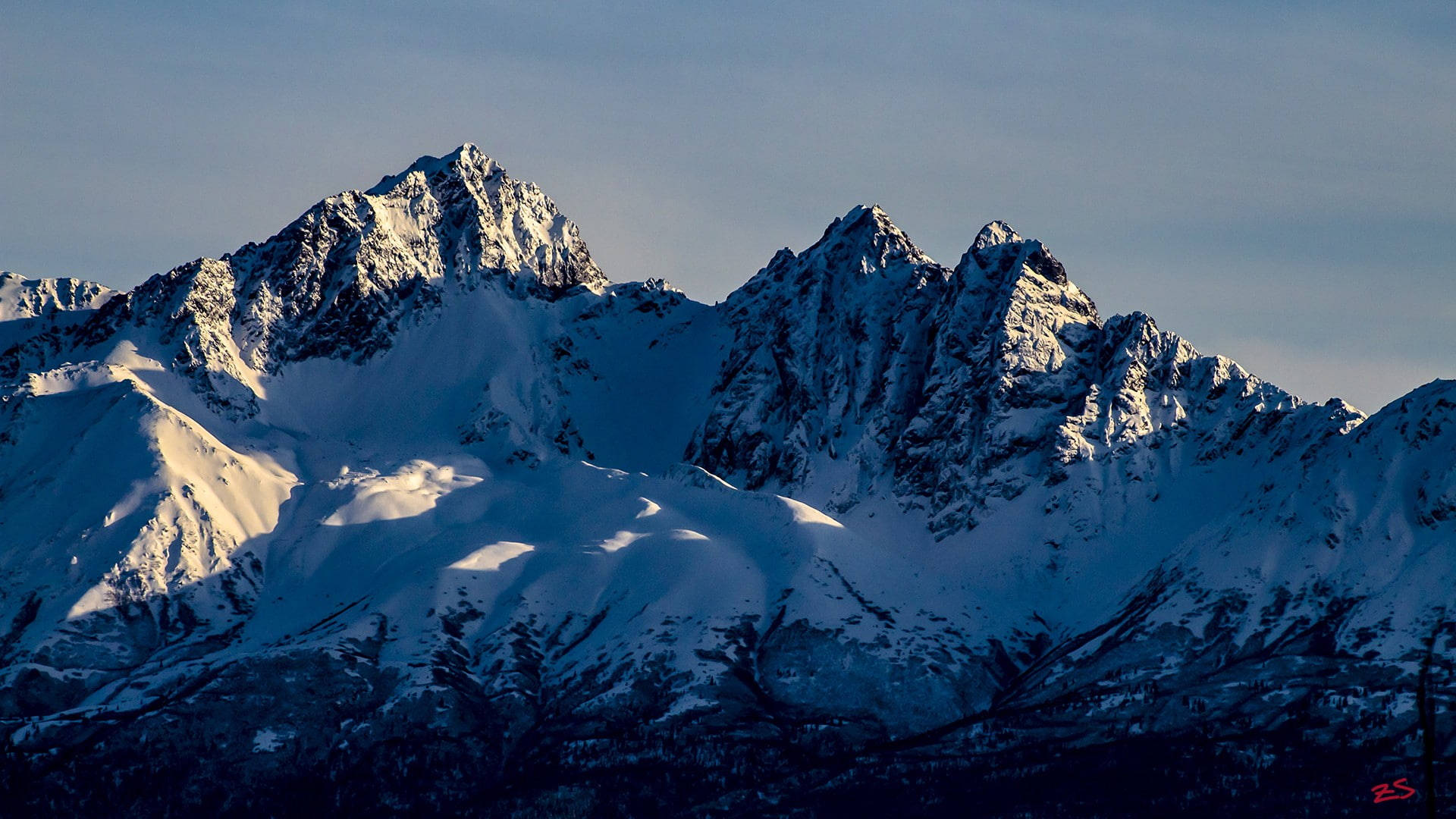 Alaska, winter wilderness, snow-capped mountain peaks, Full HD Desktop Wallpaper