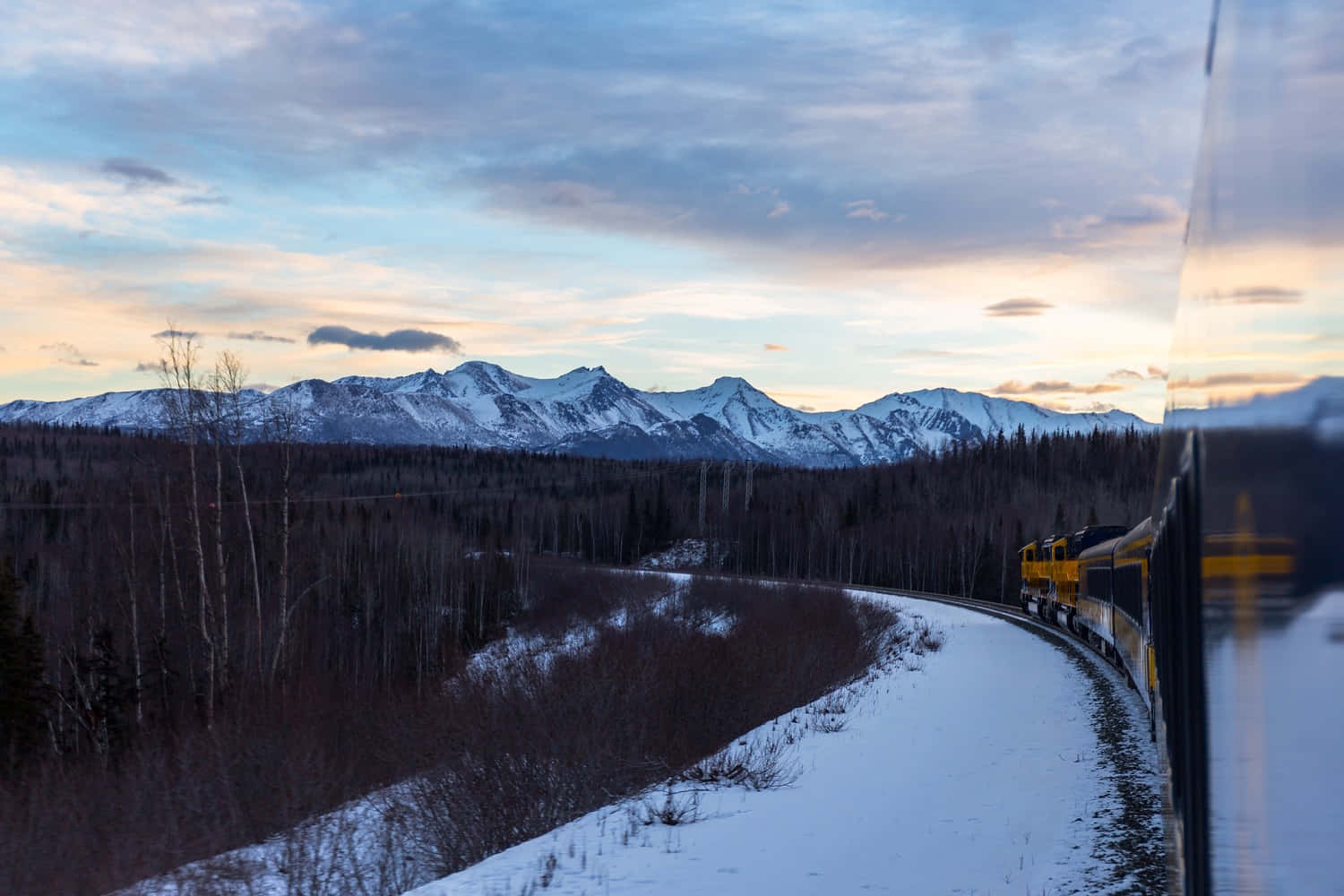 Alaska, yellow train, snowy winter landscape, HD Desktop Wallpaper