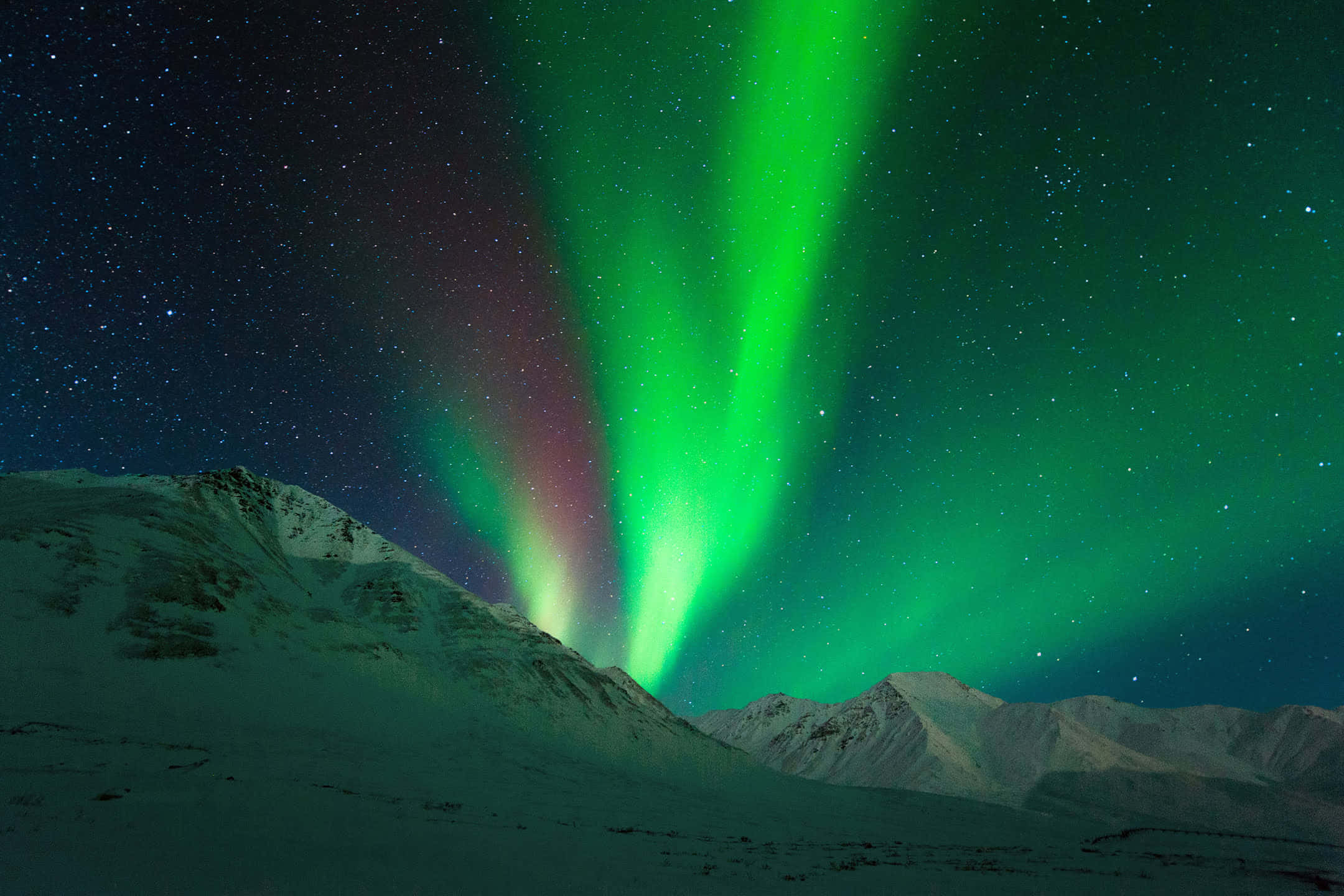 aurora borealis, starry night sky, snow-capped mountains, Full HD Desktop Wallpaper