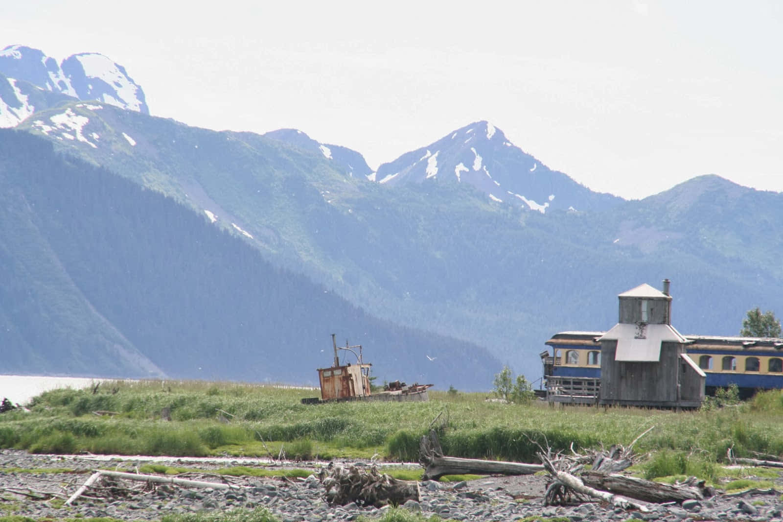 Alaska, rustic wooden buildings, derelict boat, HD Desktop Wallpaper