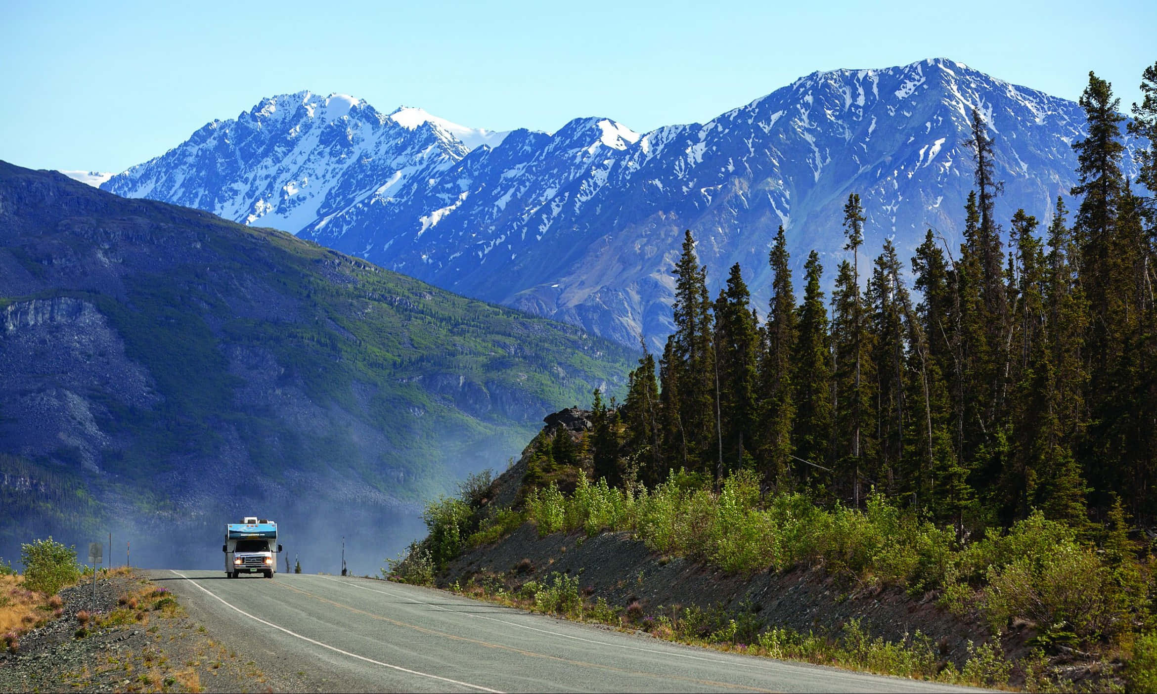 Alaska, white bus, winding mountain road, Full HD Desktop Wallpaper