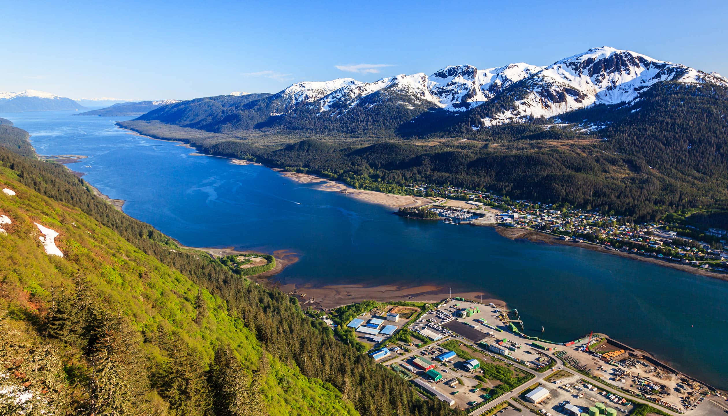 Alaska, coastal town, snow-capped mountains, Full HD Desktop Wallpaper