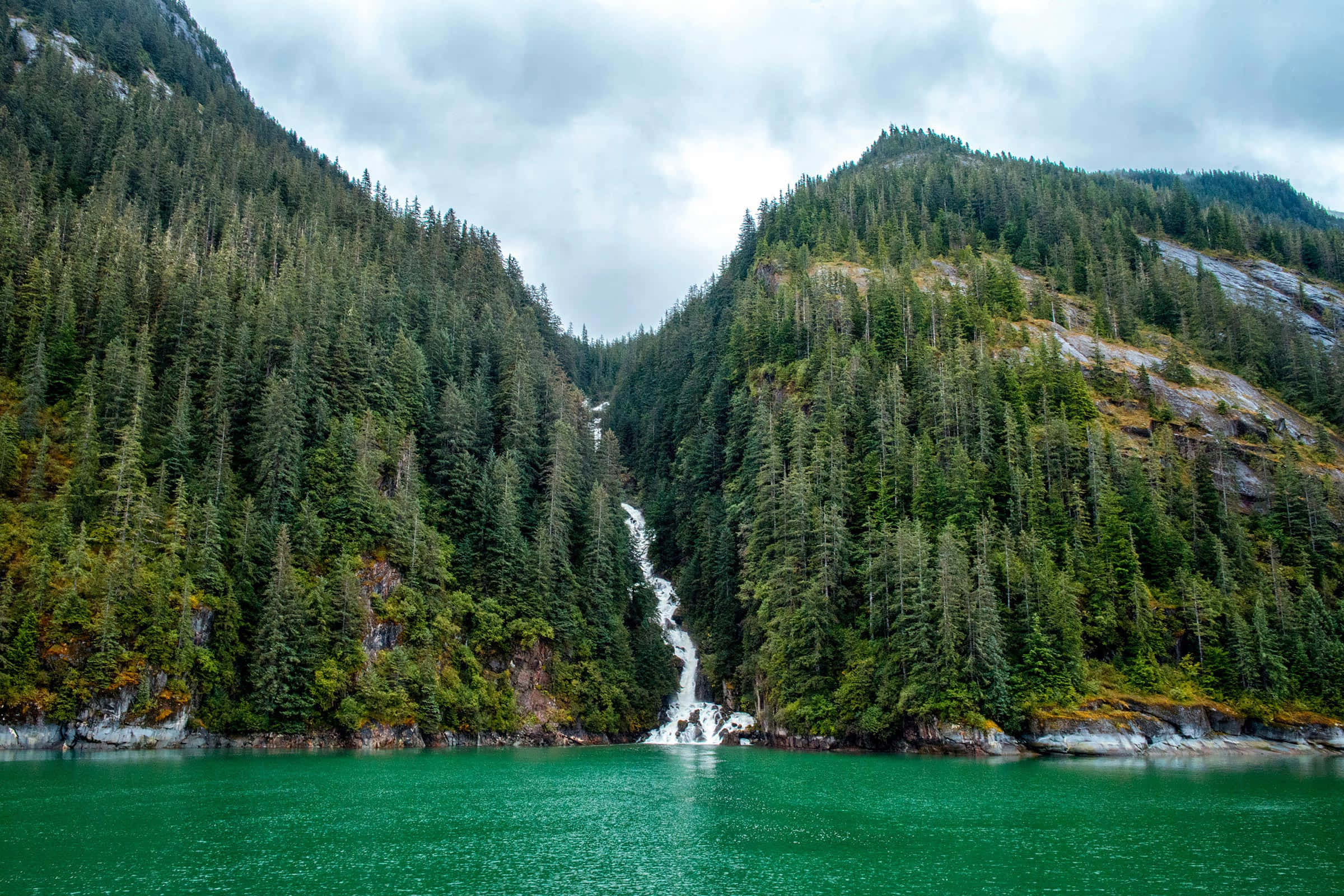 turquoise lake, forested mountains, waterfall, Full HD Desktop Wallpaper