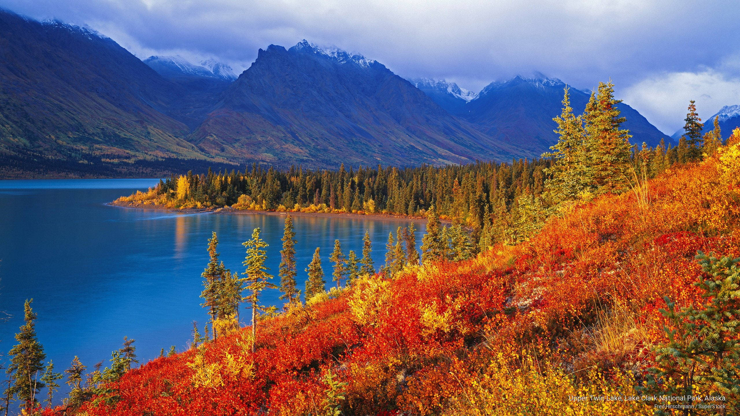 Alaska, autumn foliage, serene blue lake, 2K Desktop Wallpaper