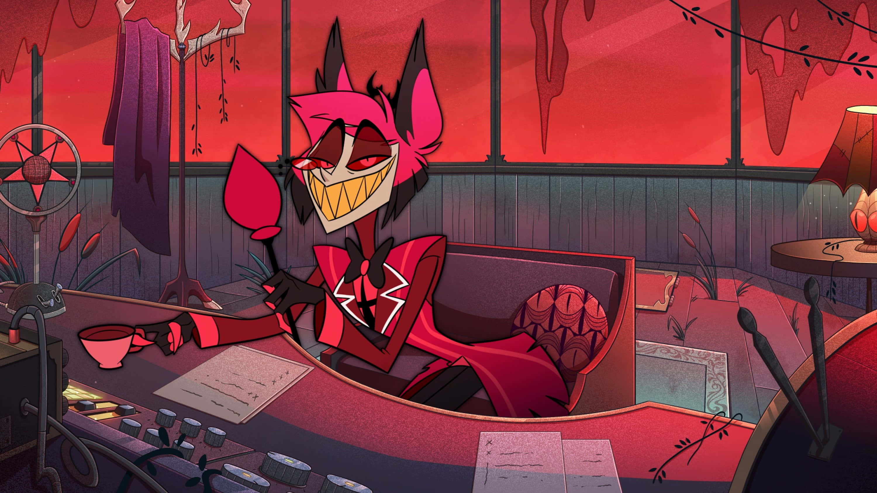 Alastor, Hazbin Hotel, pink-haired devil, 2K Desktop Wallpaper